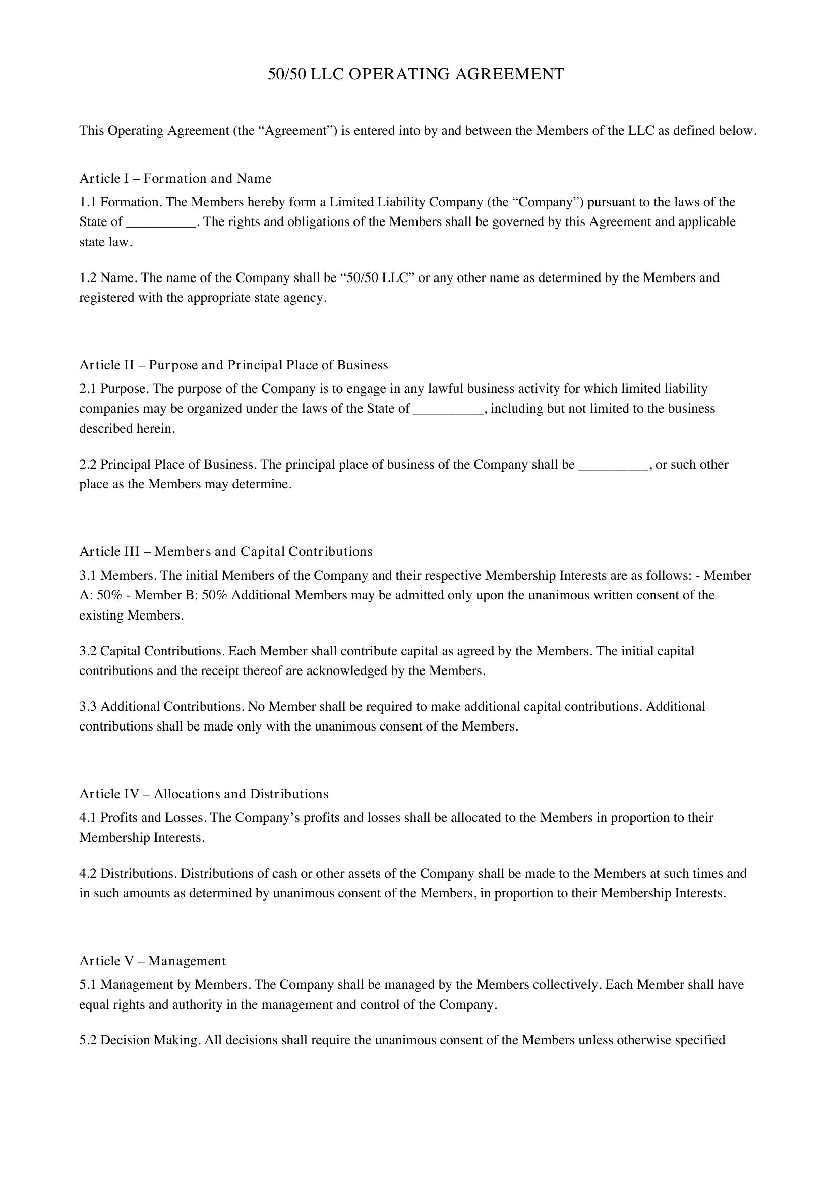 50/50 Llc Operating Agreement Template