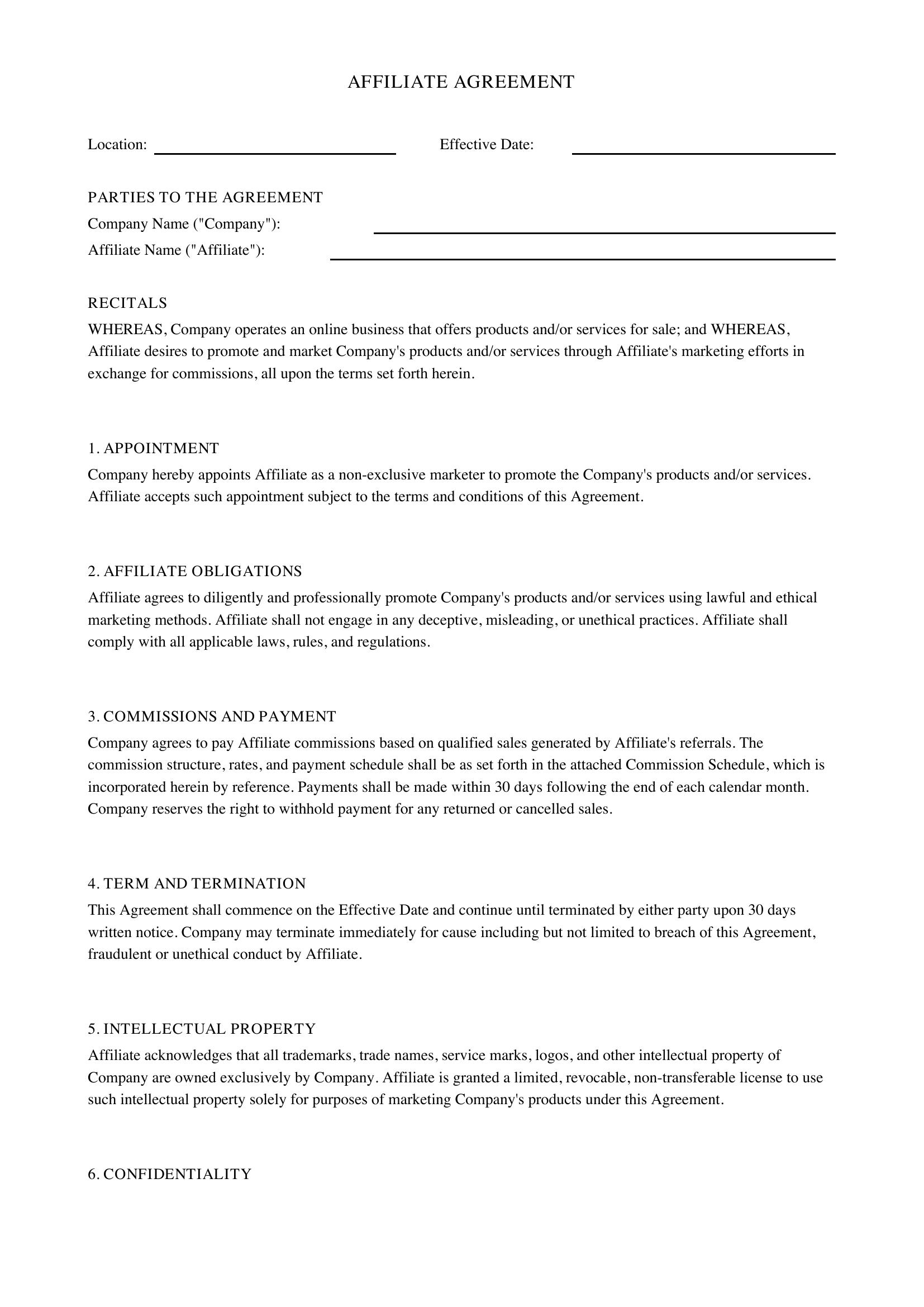 Affiliate Agreement Template