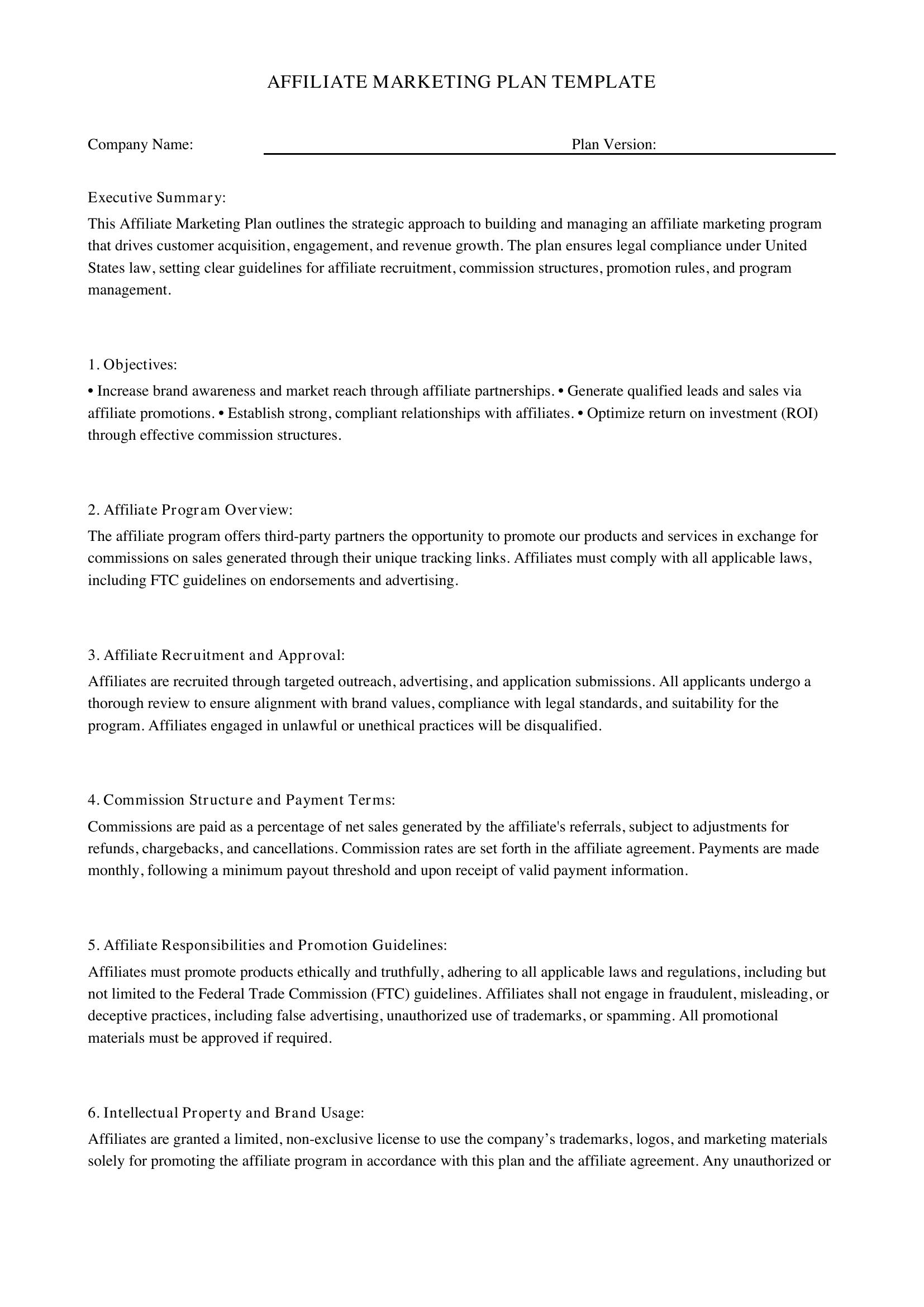 Affiliate Marketing Plan Template