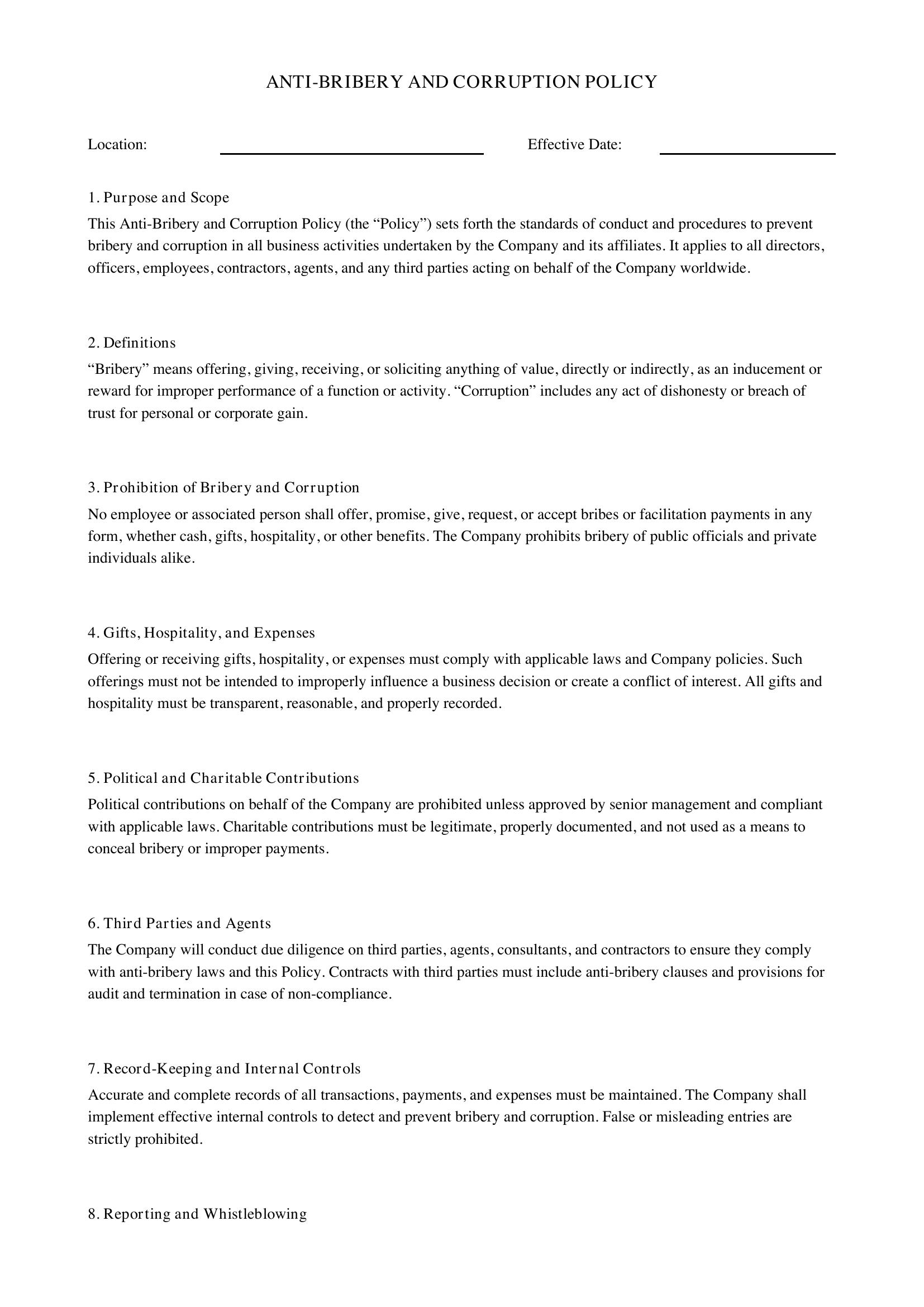 Anti Bribery And Corruption Policy Template