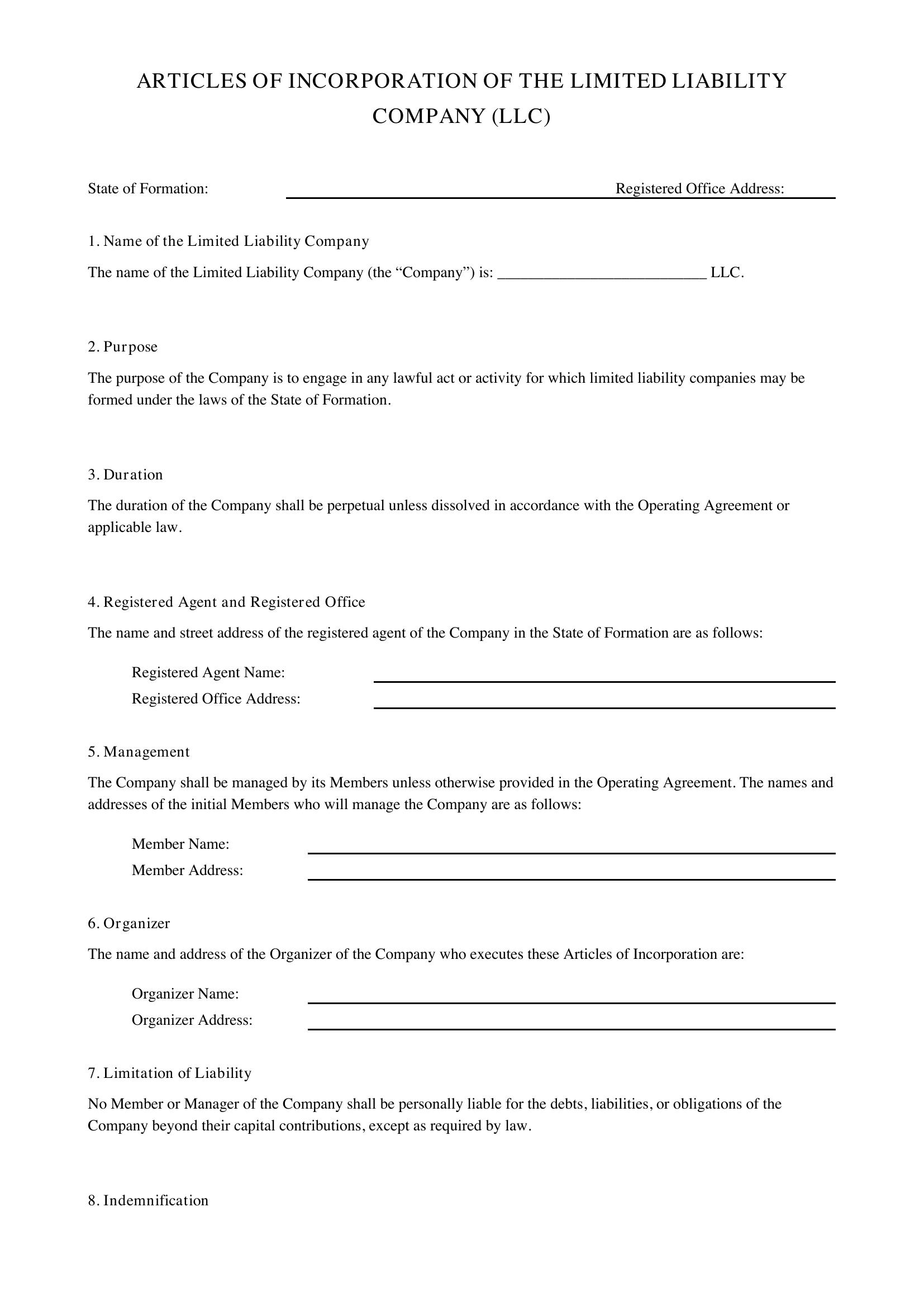 Articles Of Incorporation For Llc Template