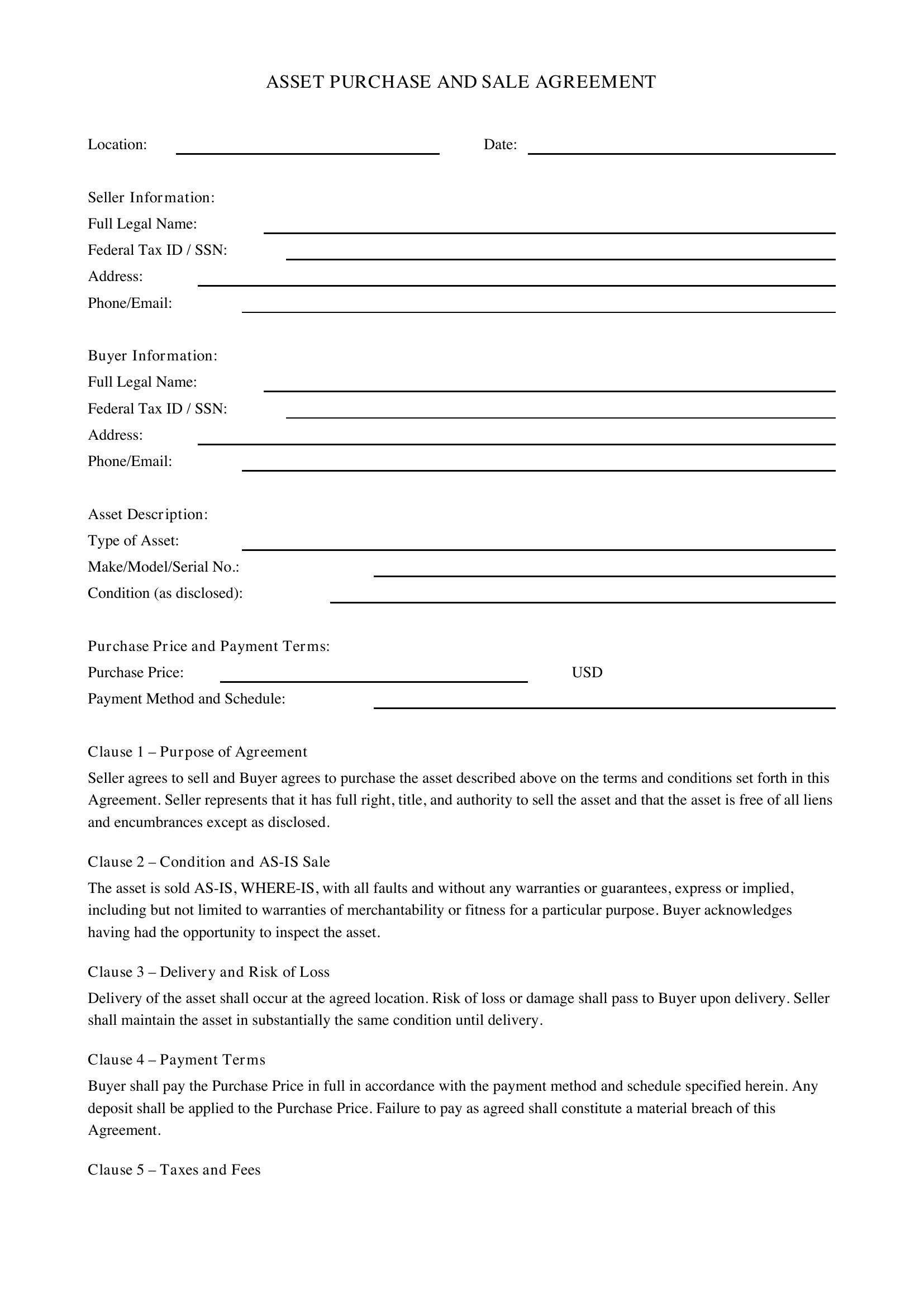 Asset Sale Agreement Template