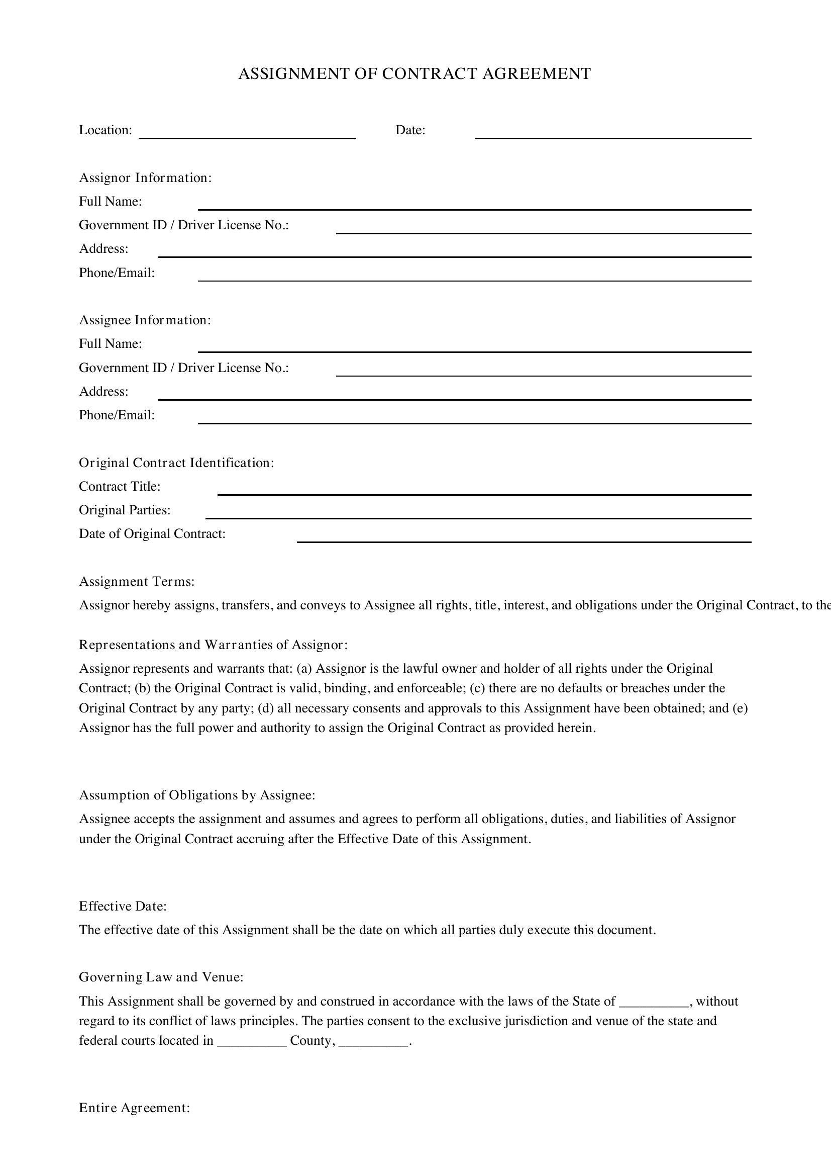 Assignment Of Contract Template