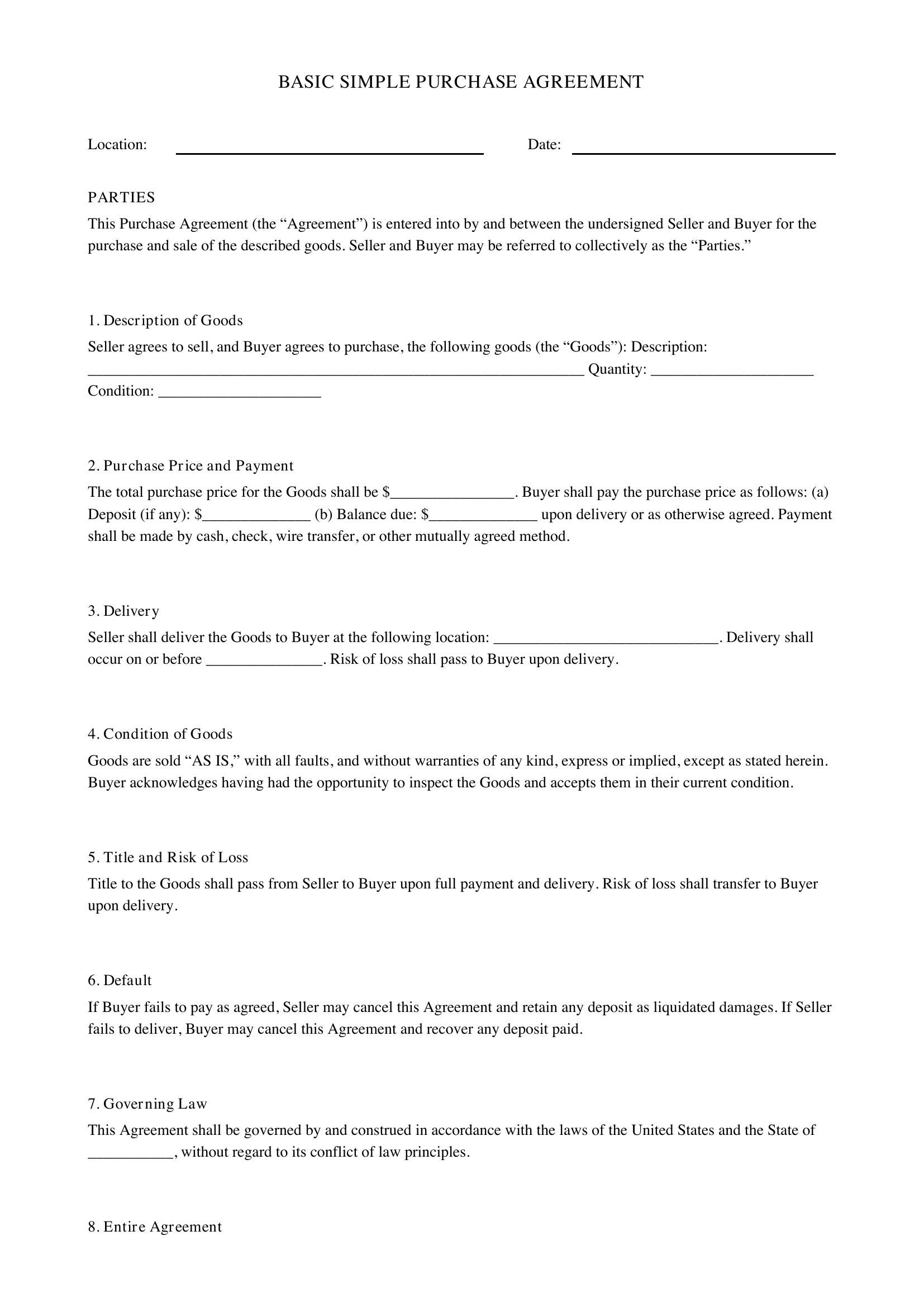 Basic Simple Purchase Agreement Template