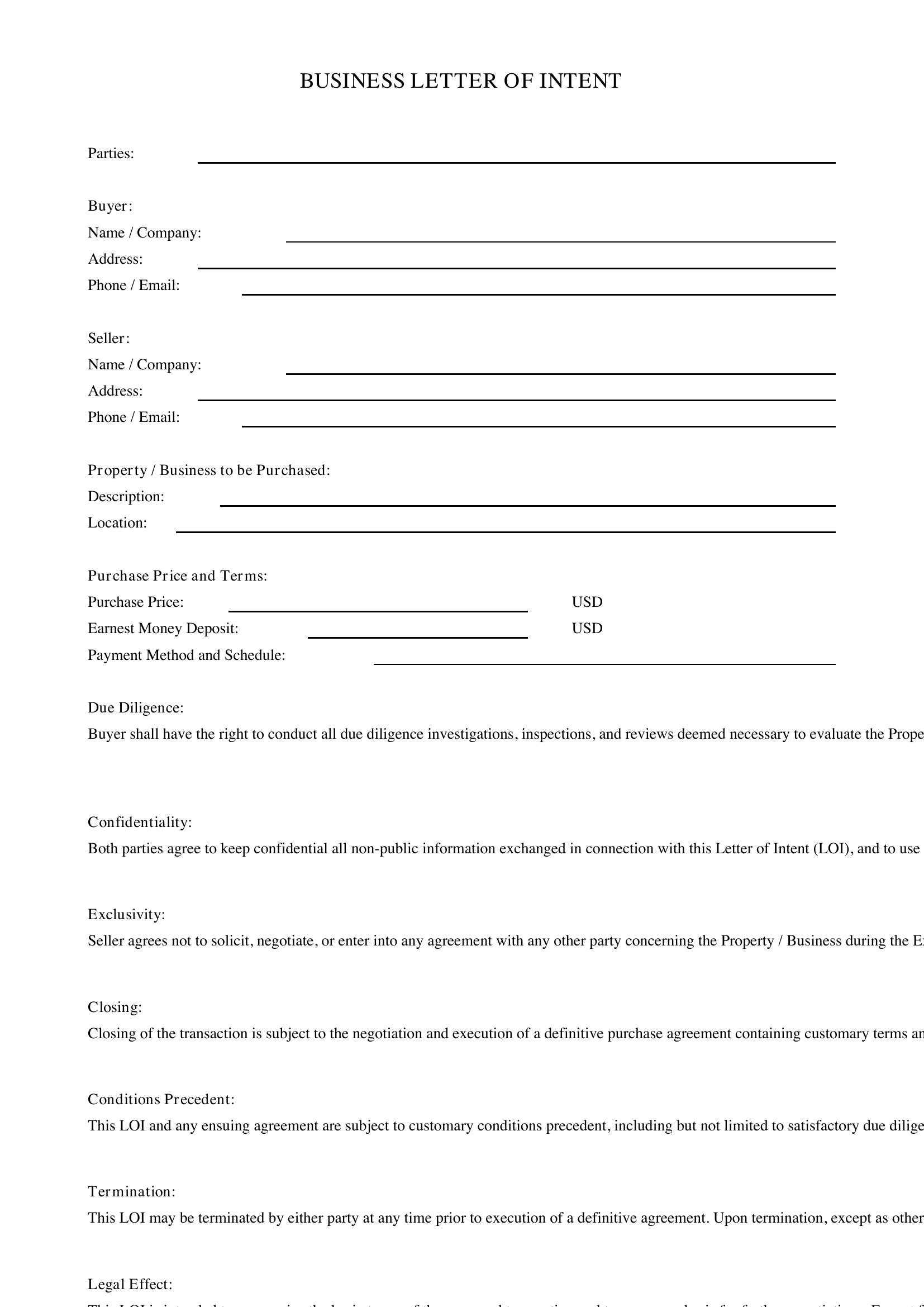 Business Letter Of Intent Template