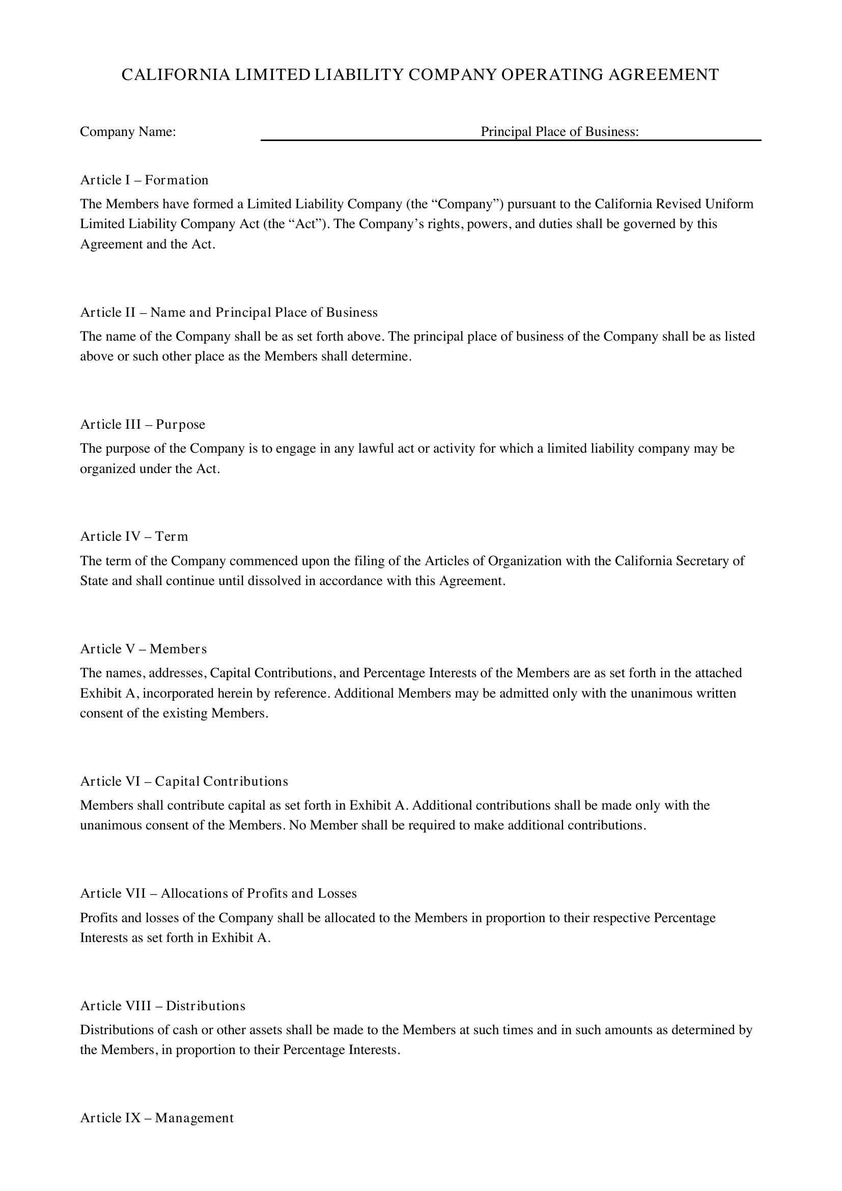 California Llc Operating Agreement Template
