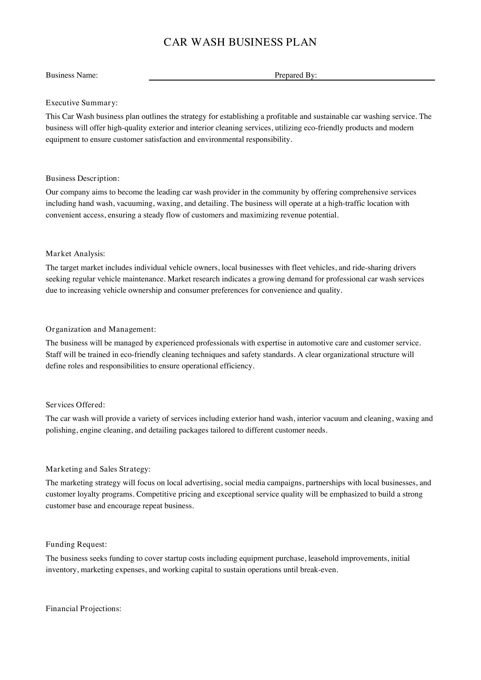 Car Wash Business Plan Template