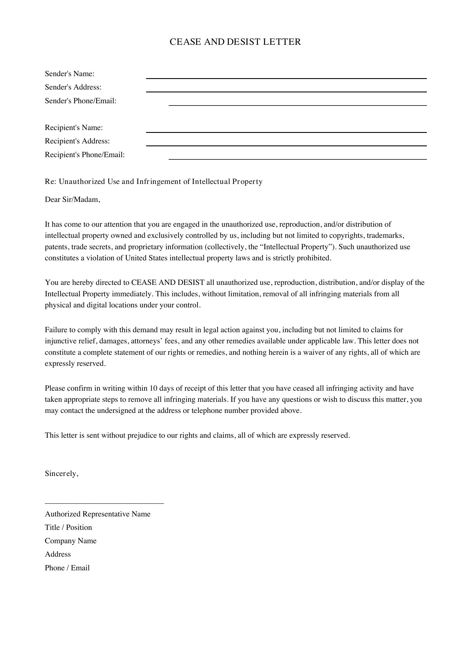 Cease And Desist Letter Template Intellectual Property