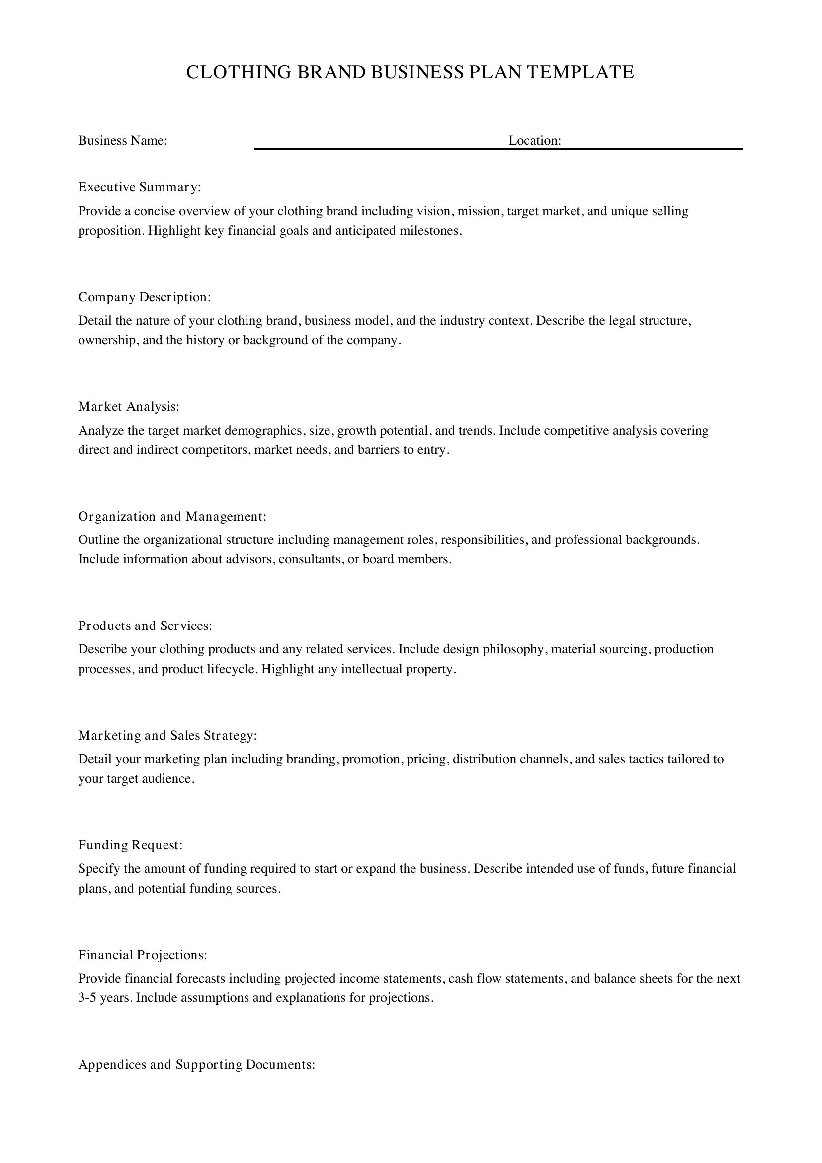 Clothing Brand Business Plan Template