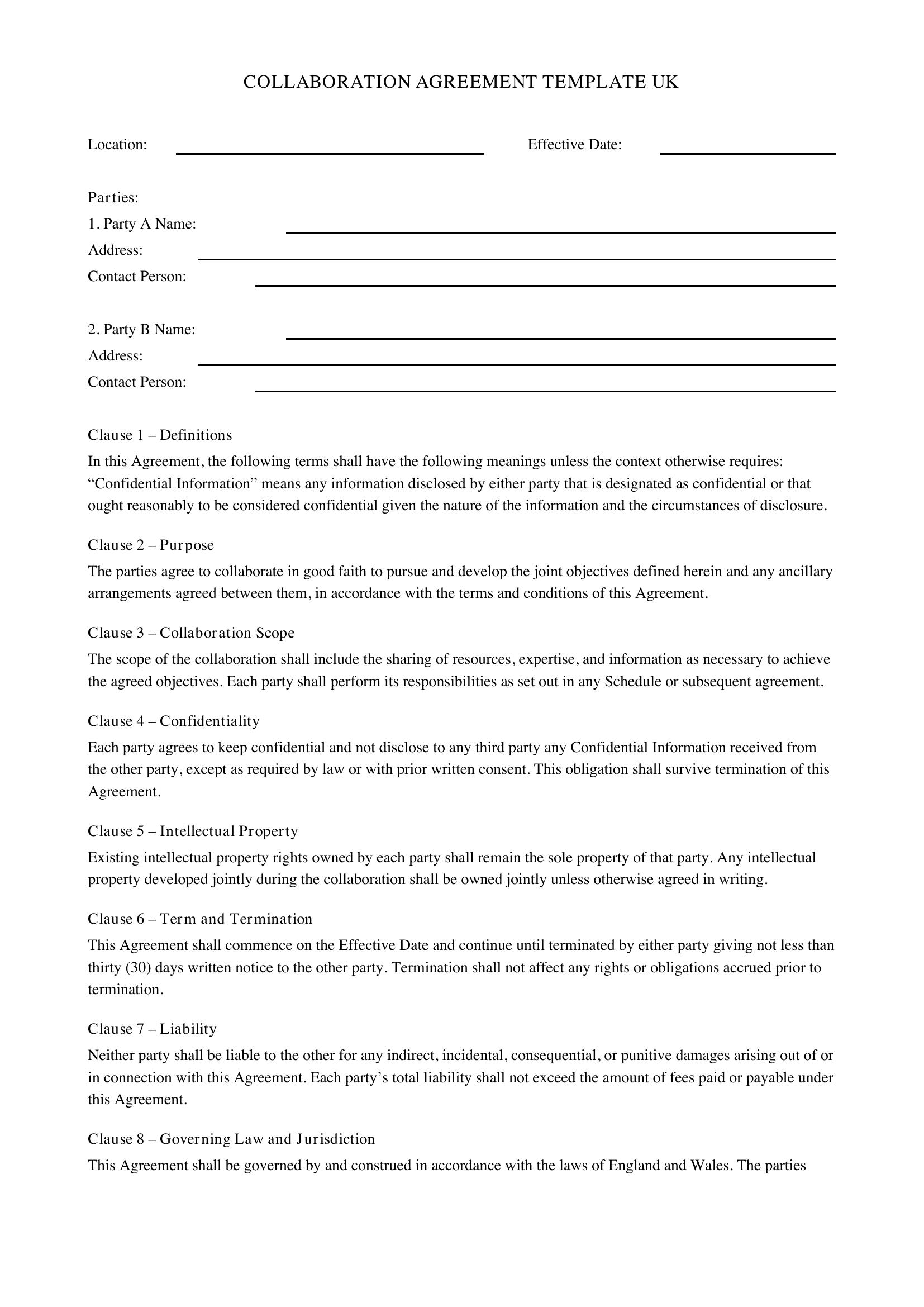 Collaboration Agreement Template Uk