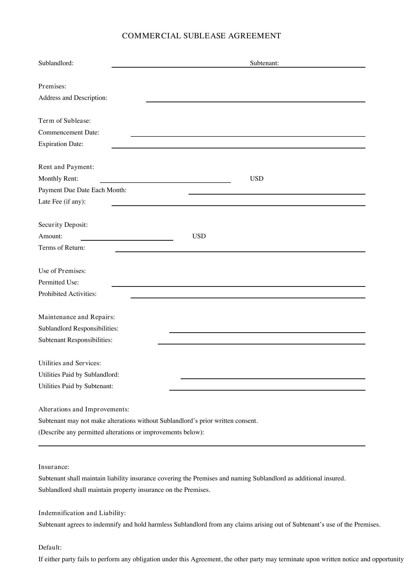 Commercial Sublease Agreement Template