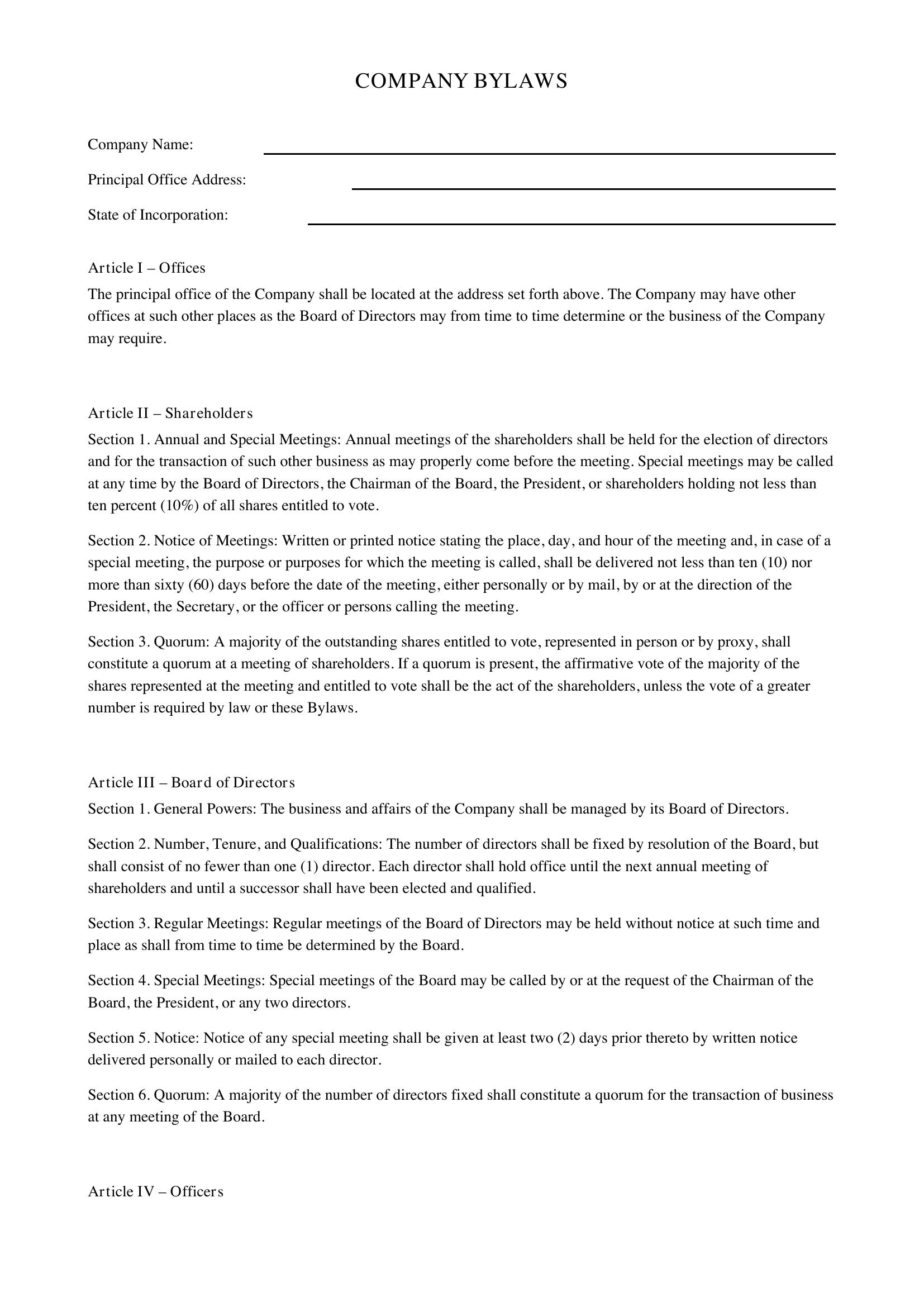 Company Bylaws Template