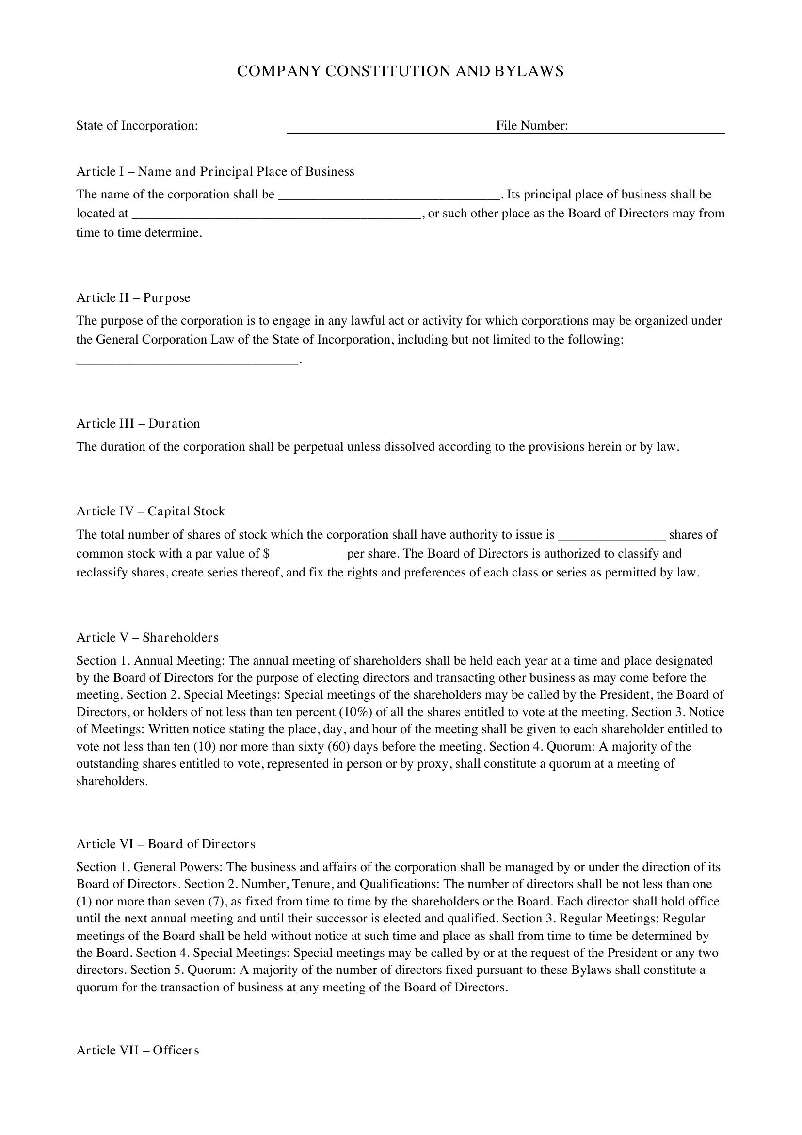 Company Constitution Template