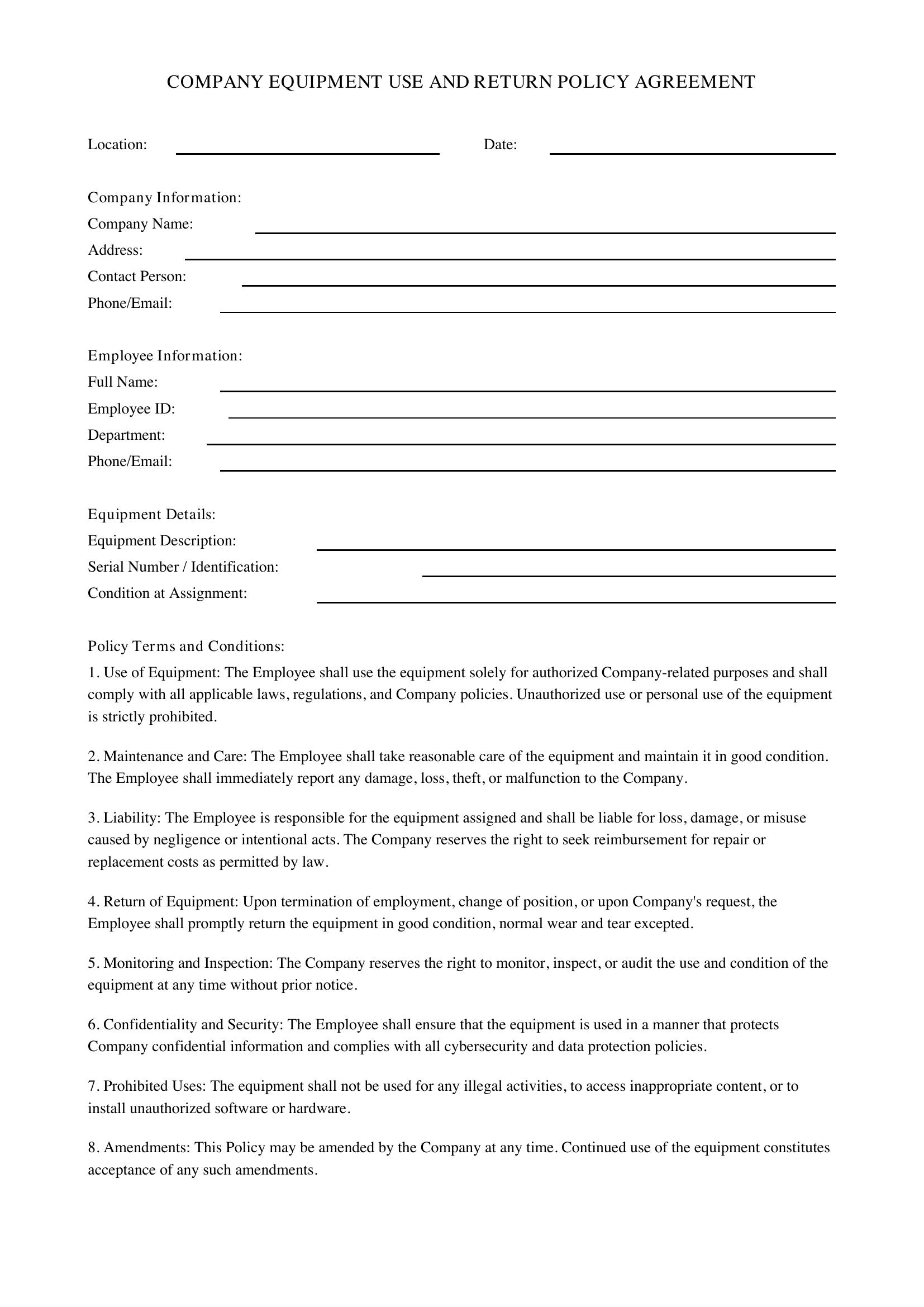 Company Equipment Use And Return Policy Agreement Template