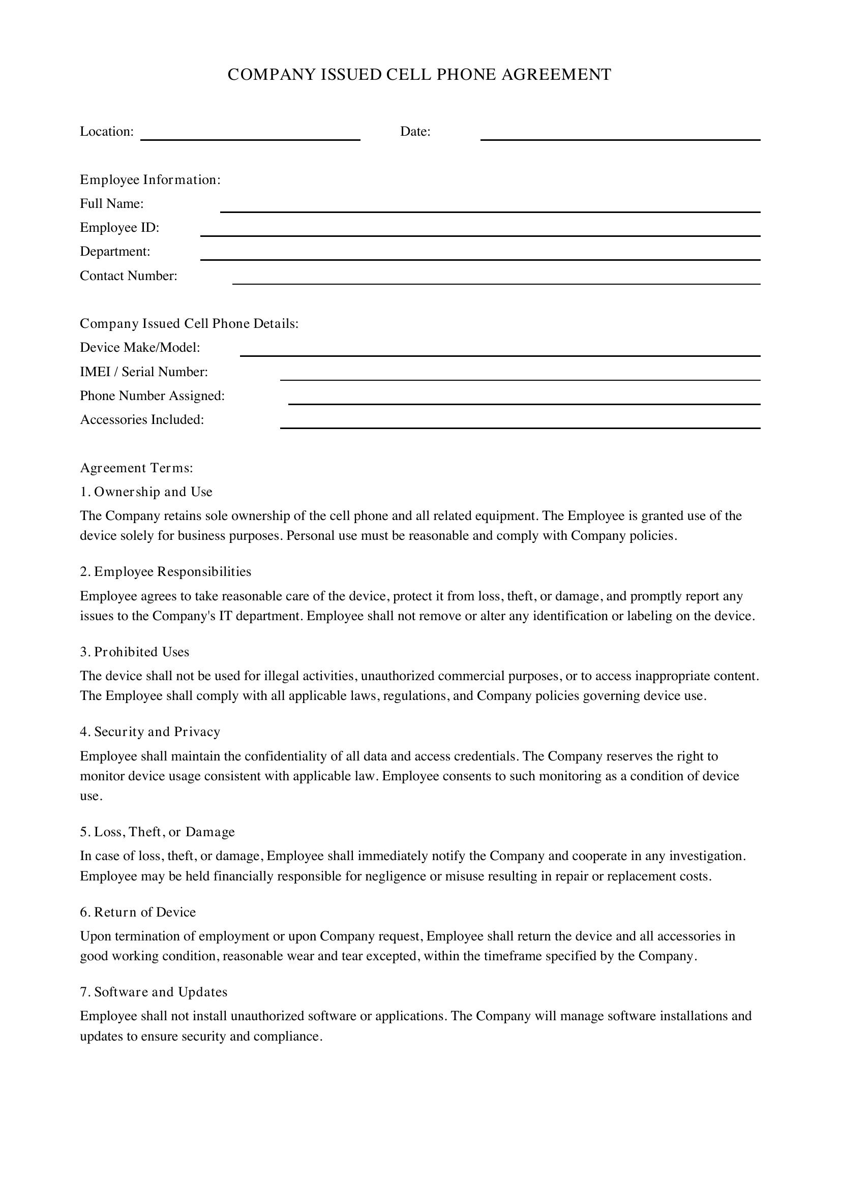 Company Issued Cell Phone Agreement Template