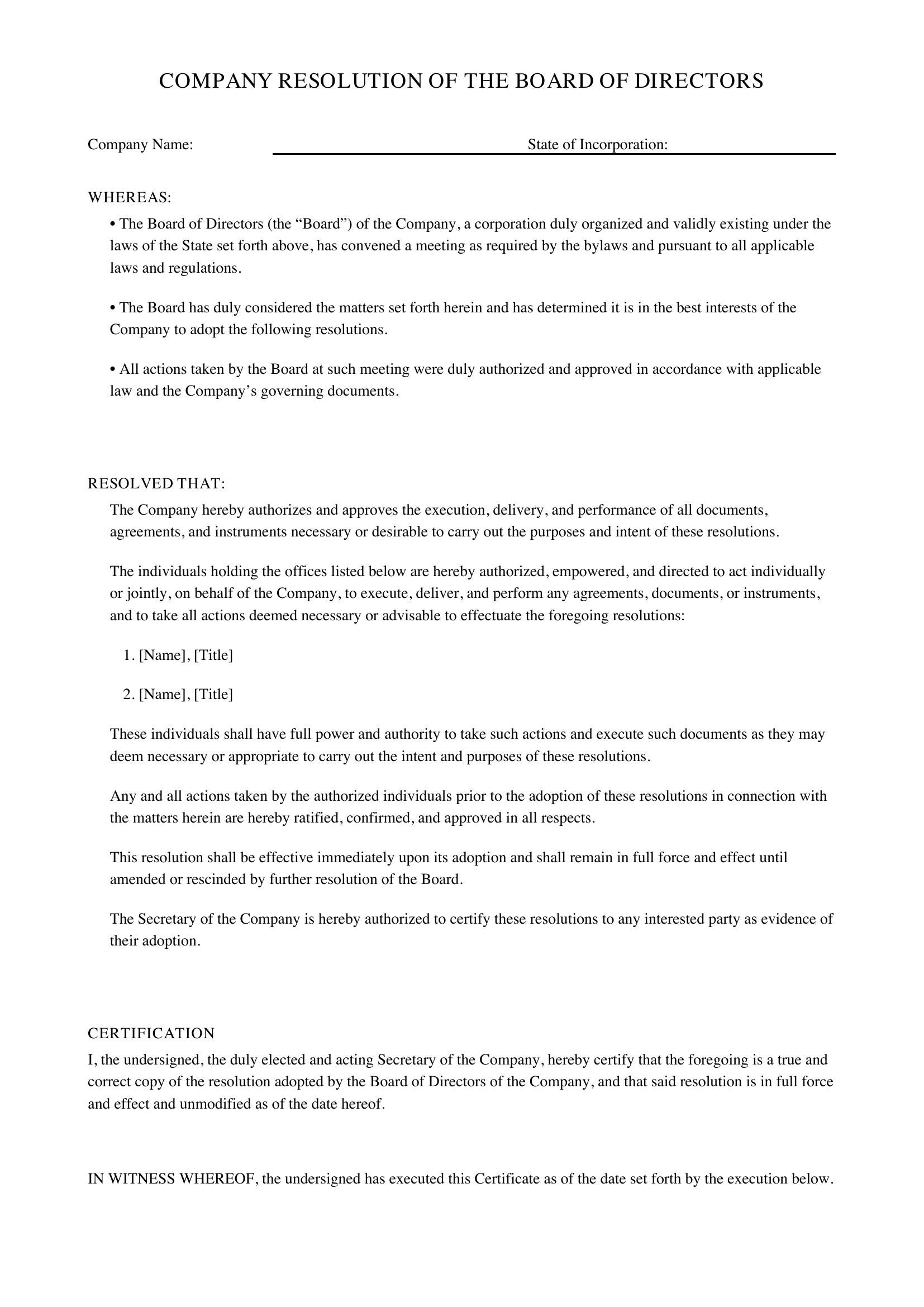 Company Resolution Template