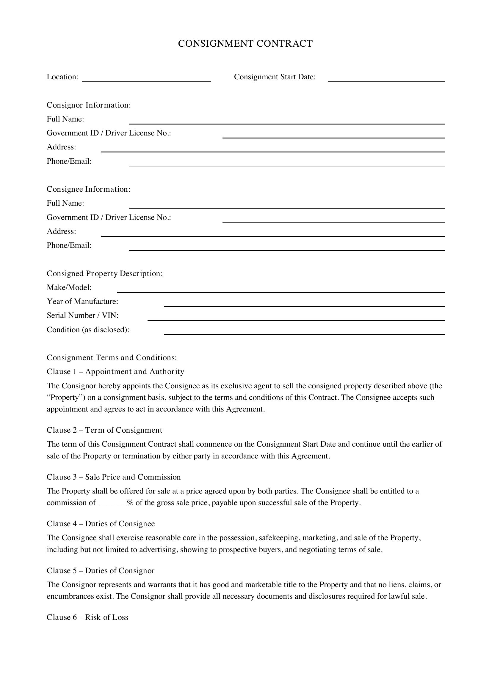 Consignment Contract Template