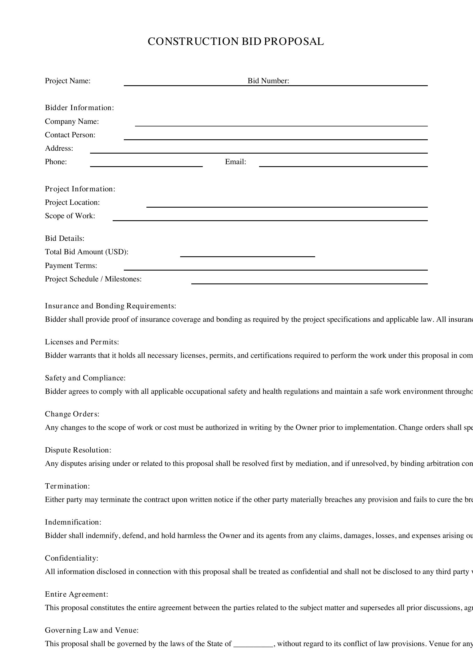 Construction Bid Proposal Template