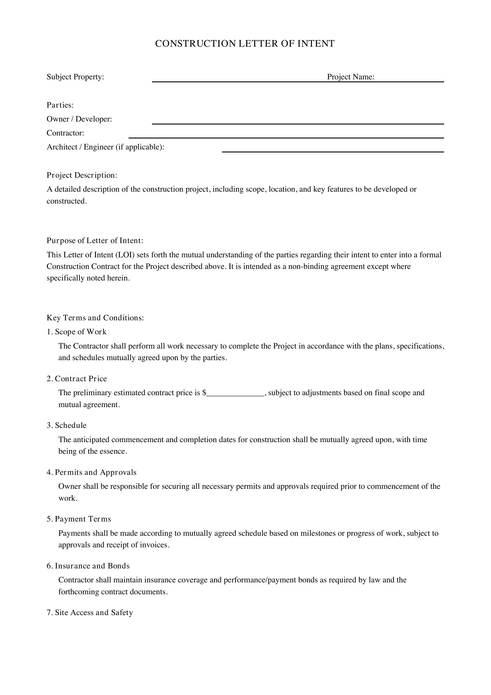 Construction Letter Of Intent Template