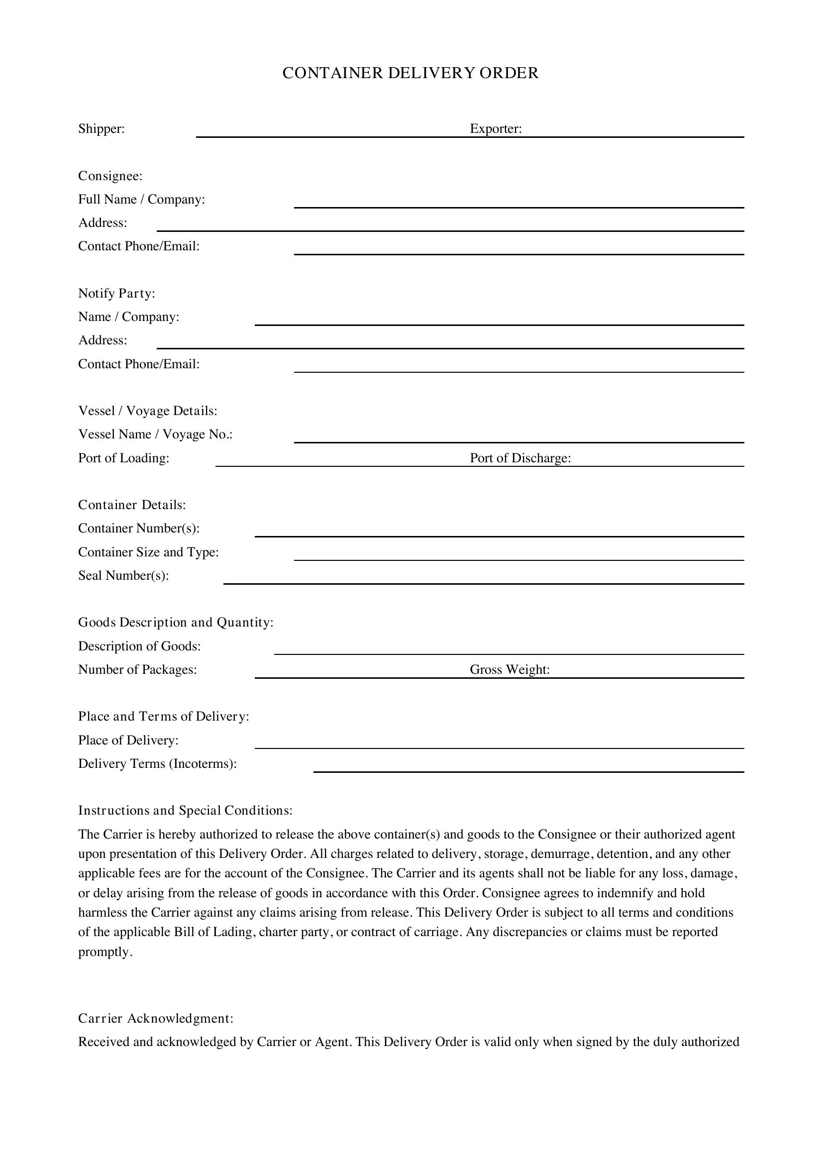 Container Delivery Order Template