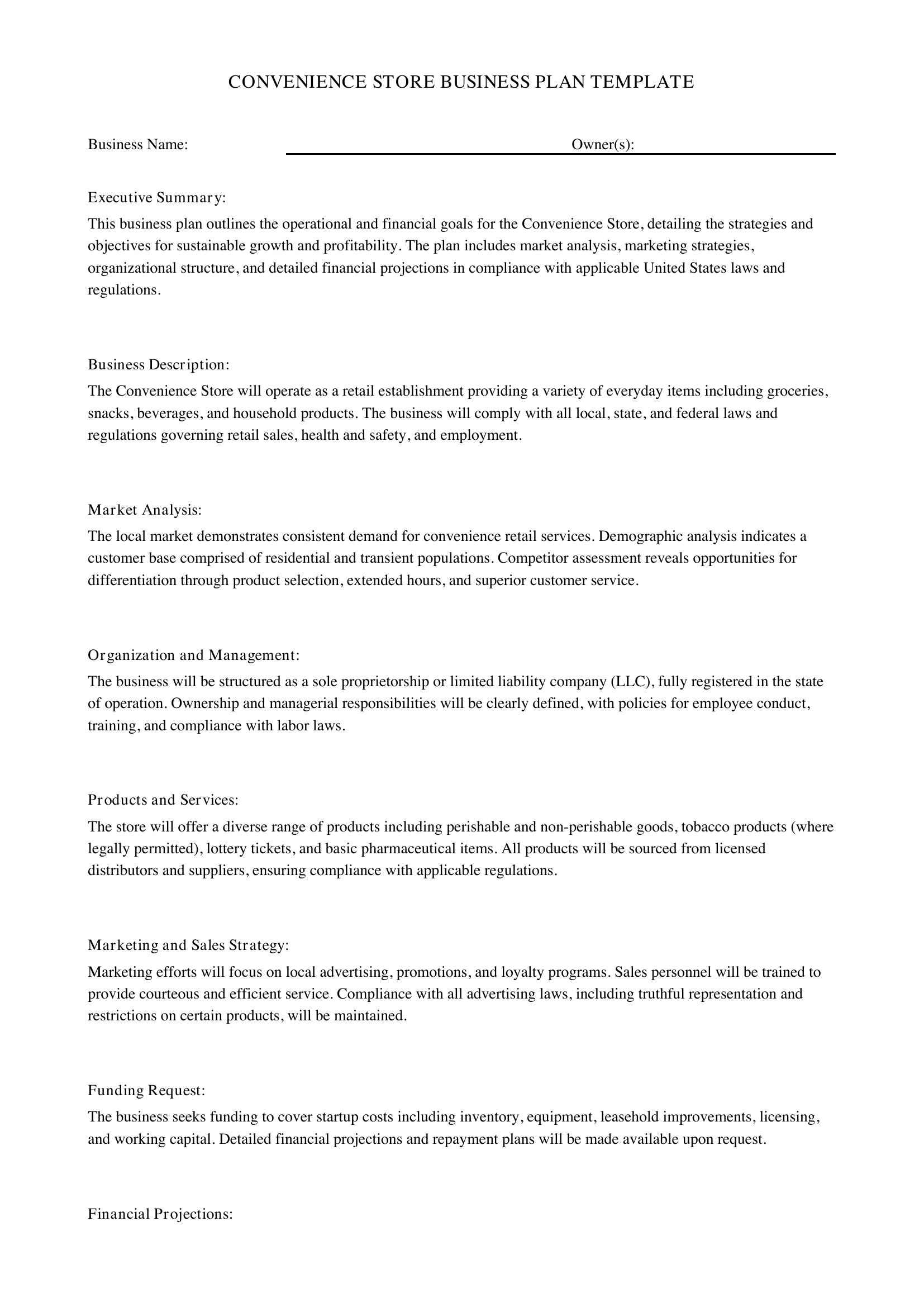 Convenience Store Business Plan Template