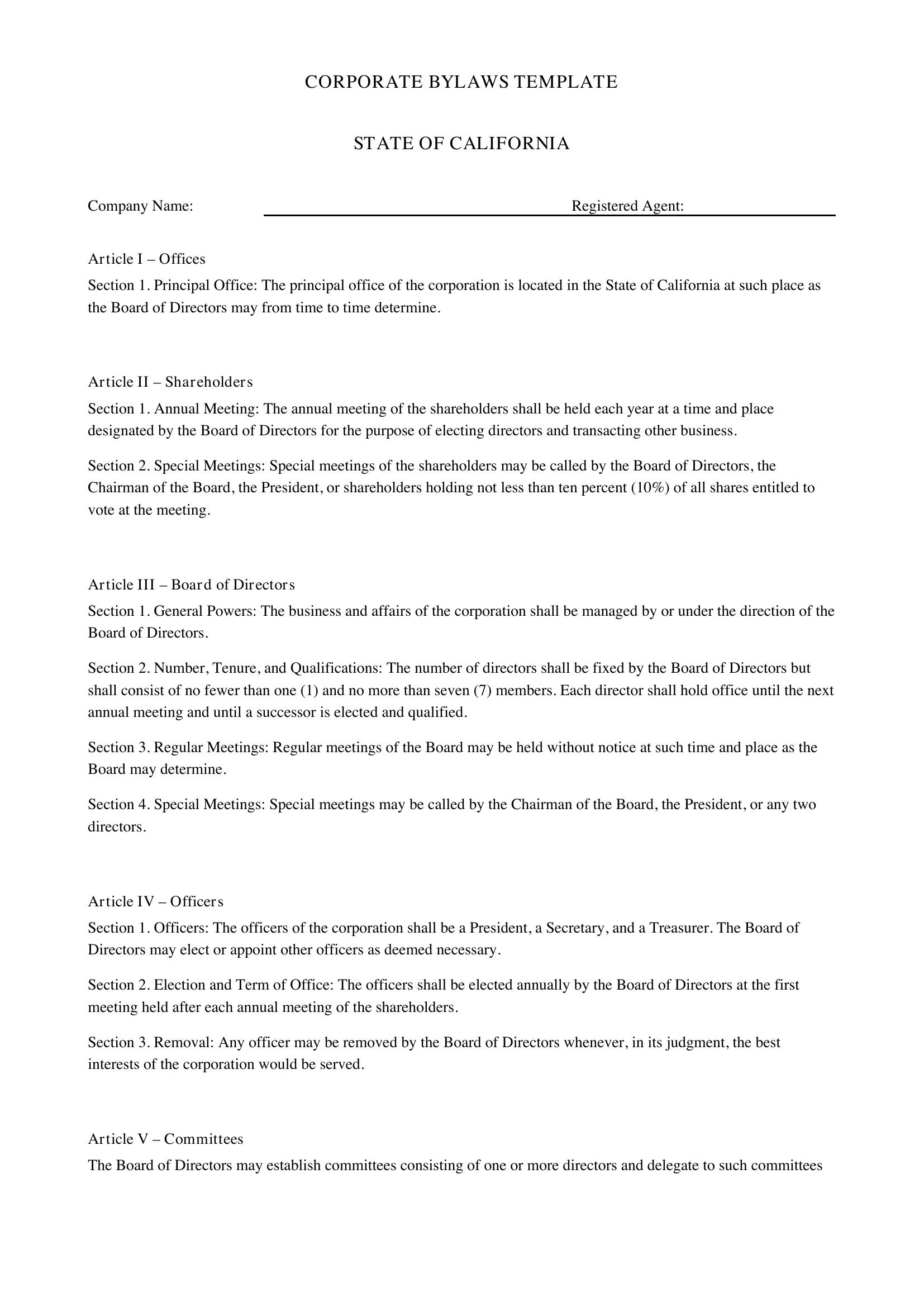 Corporate Bylaws Template California