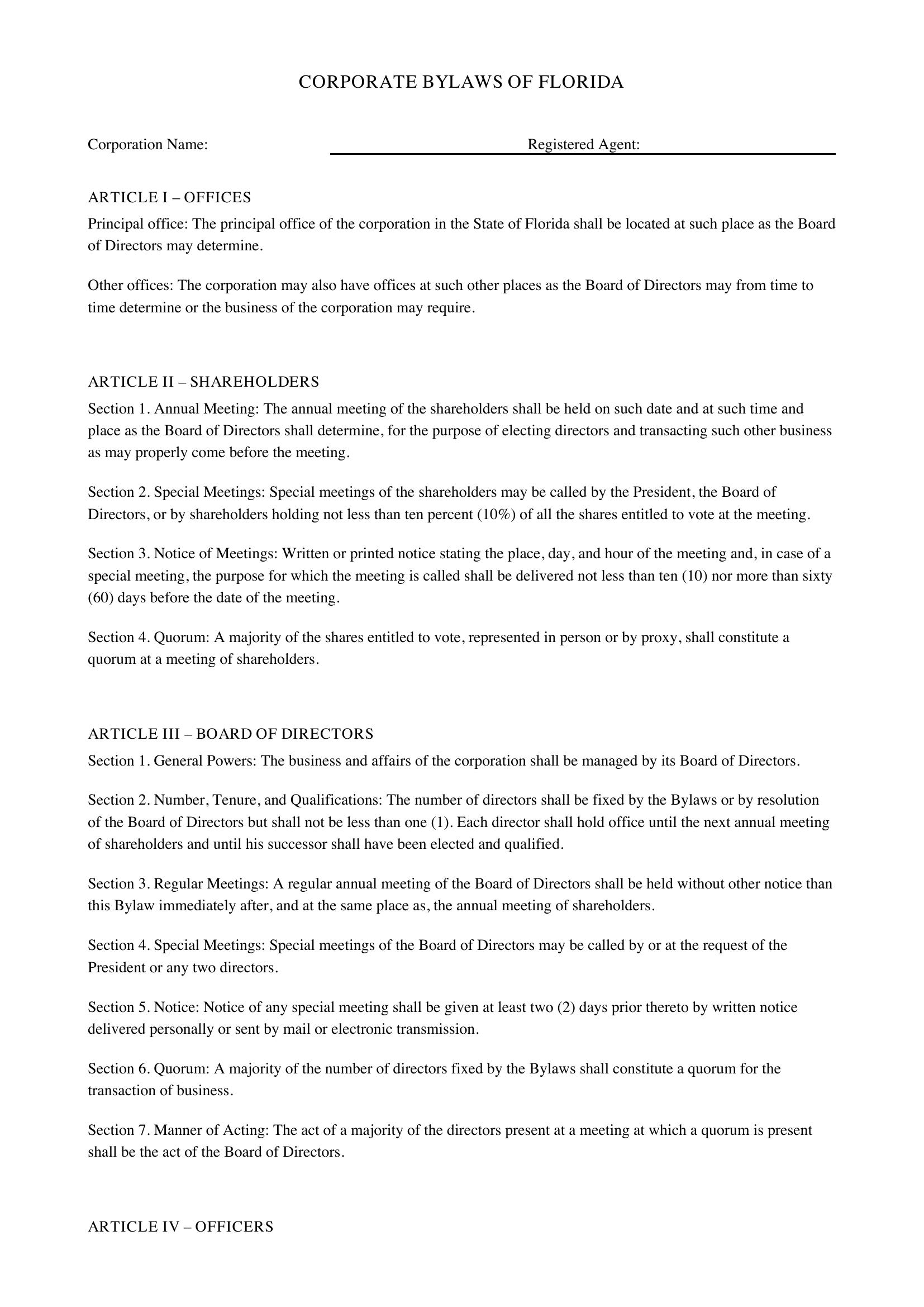 Corporate Bylaws Template Florida