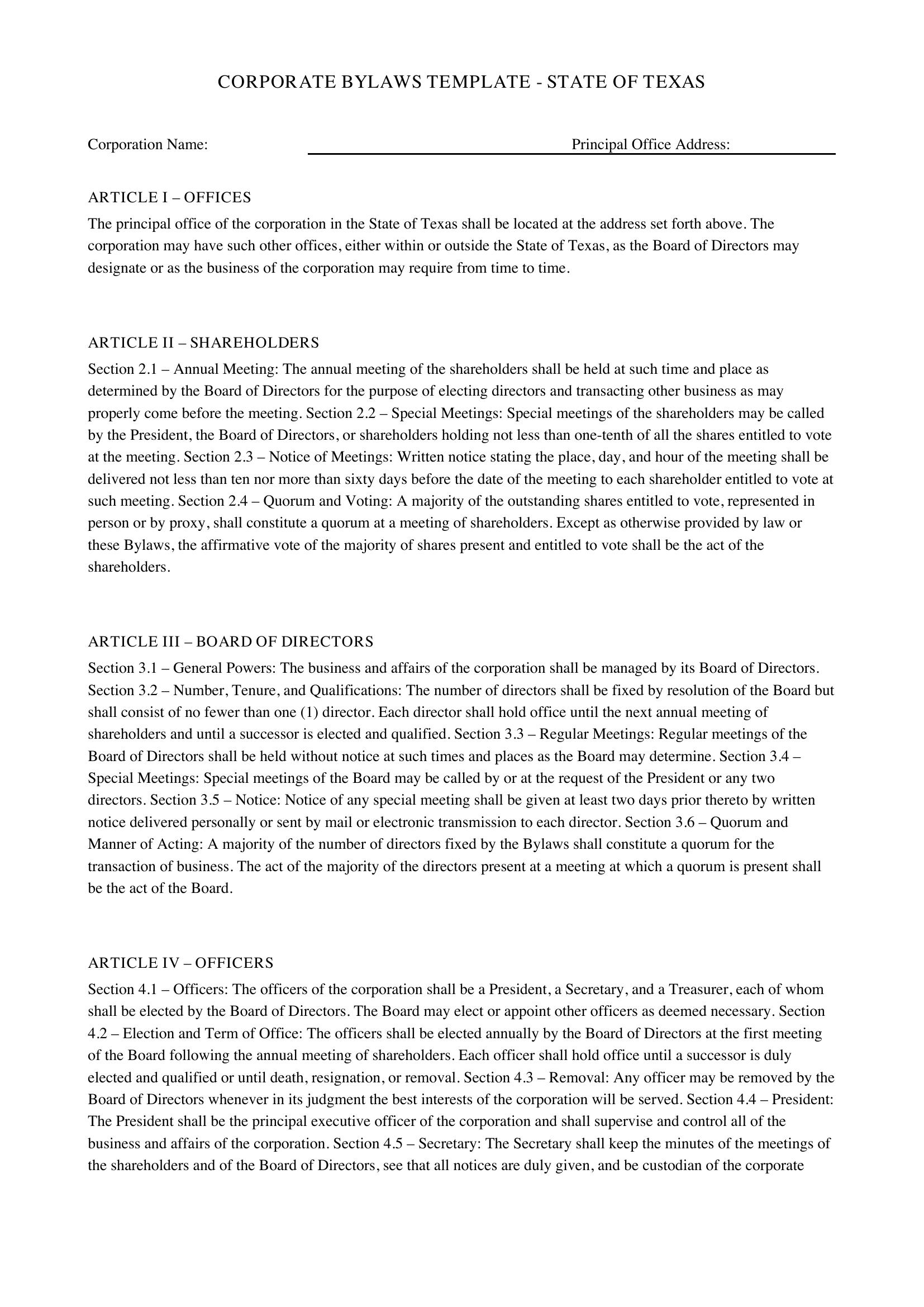 Corporate Bylaws Template Texas