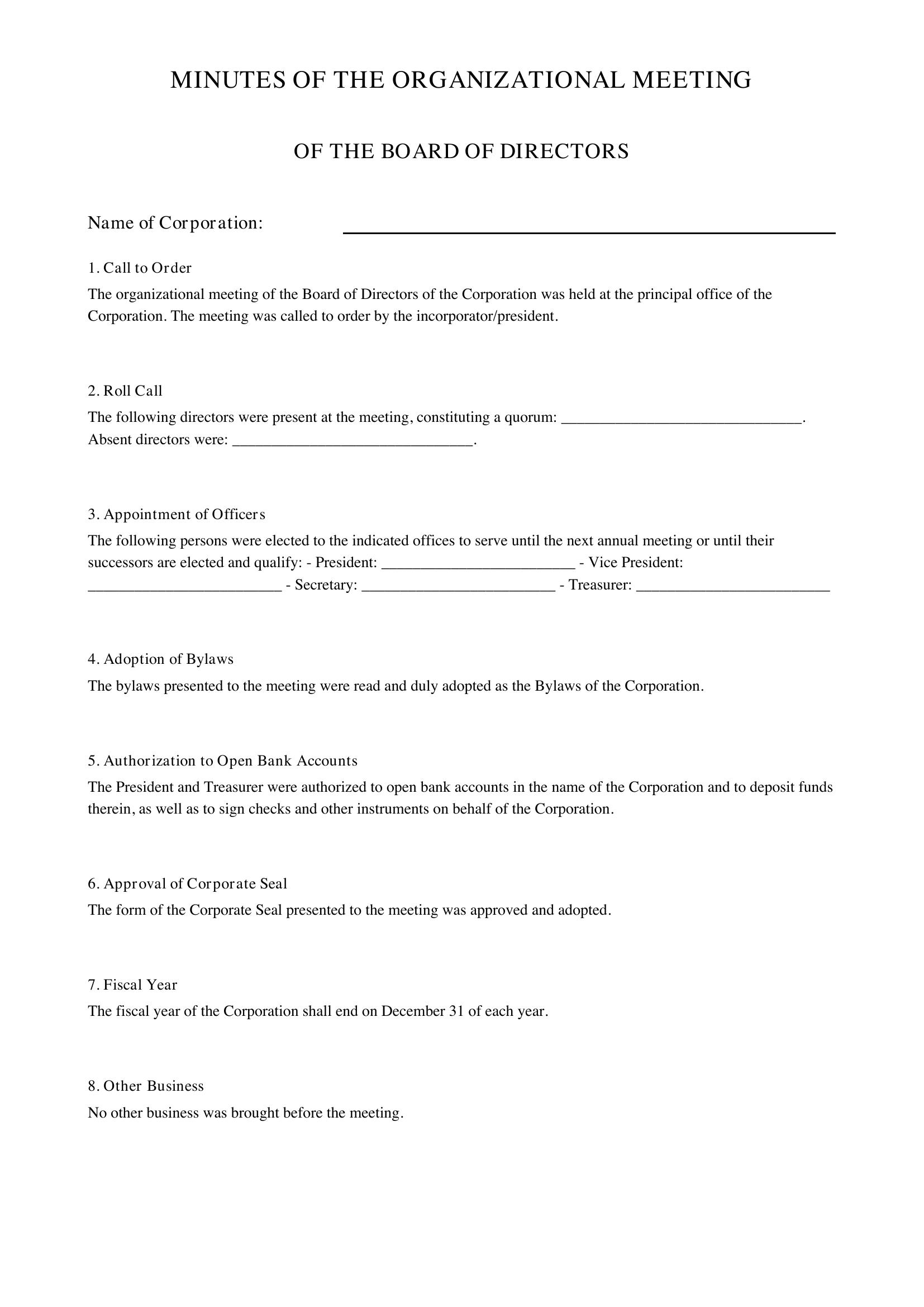Corporate Minutes California Template
