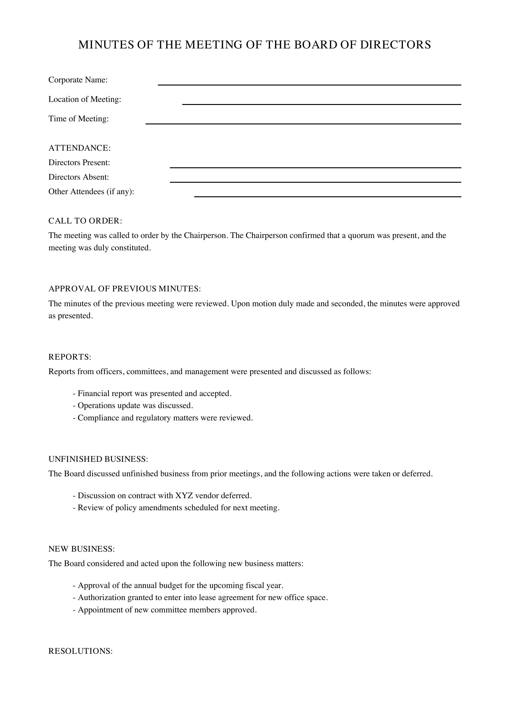 Corporate Minutes Template