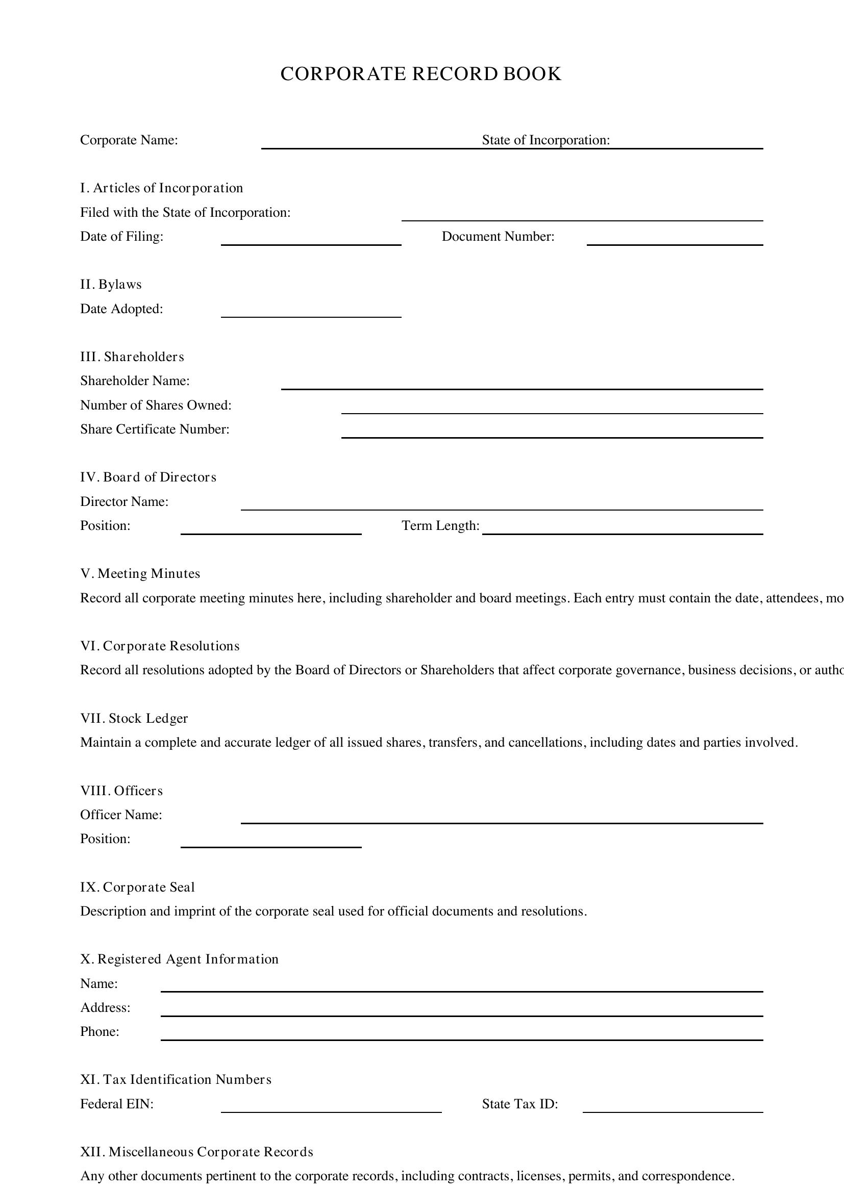Corporate Record Book Template