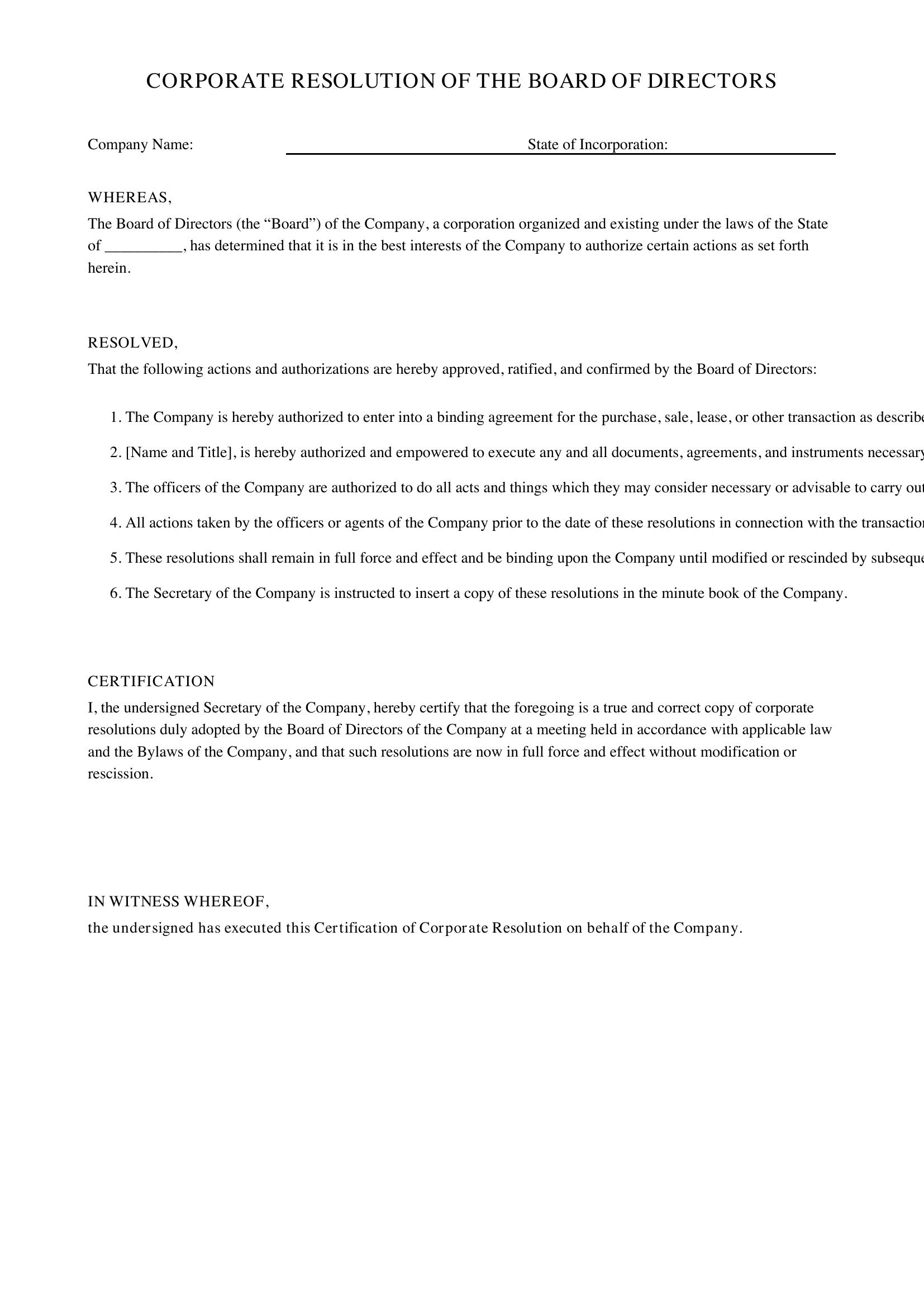 Corporate Resolution Template