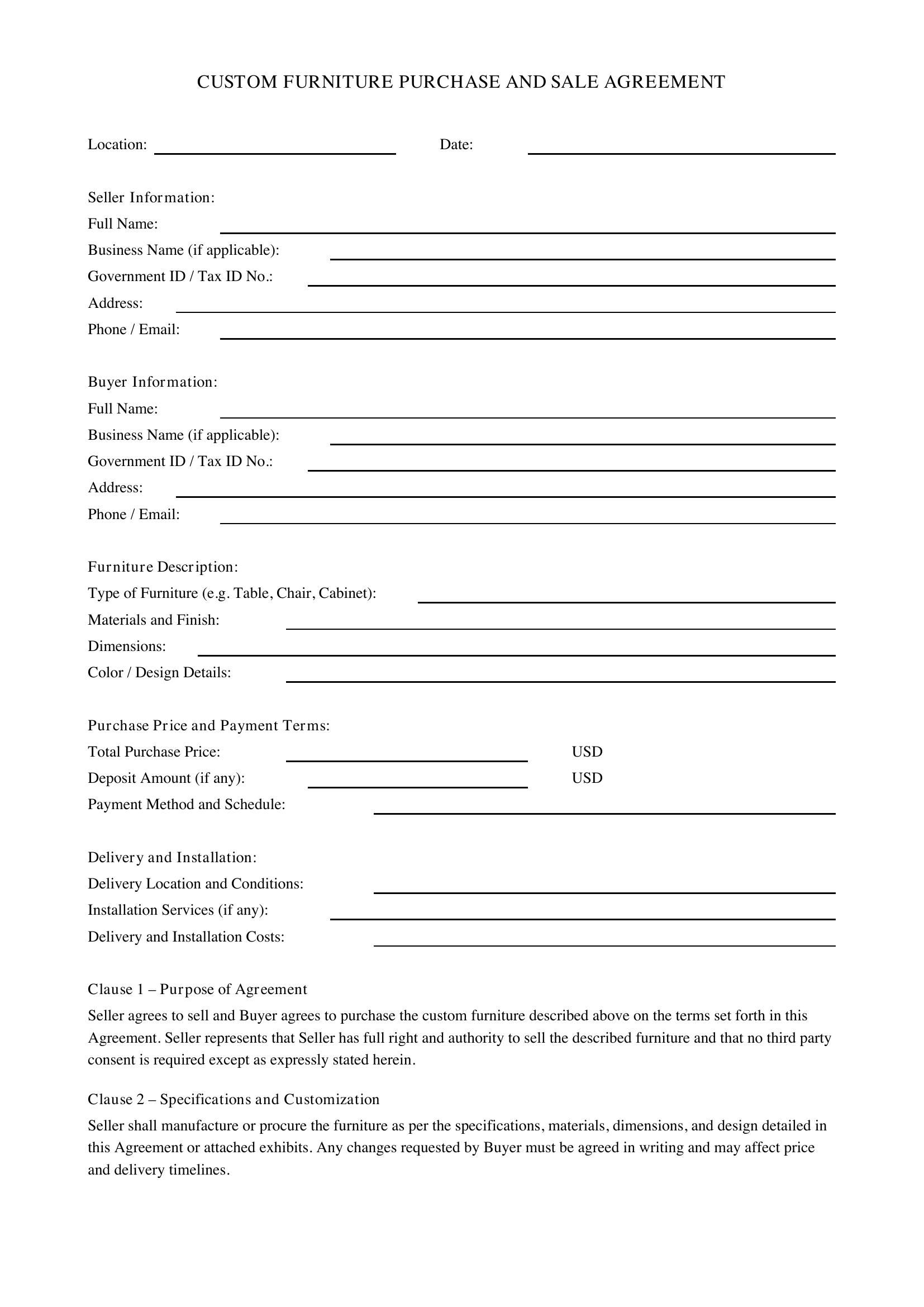 Custom Furniture Contract Template