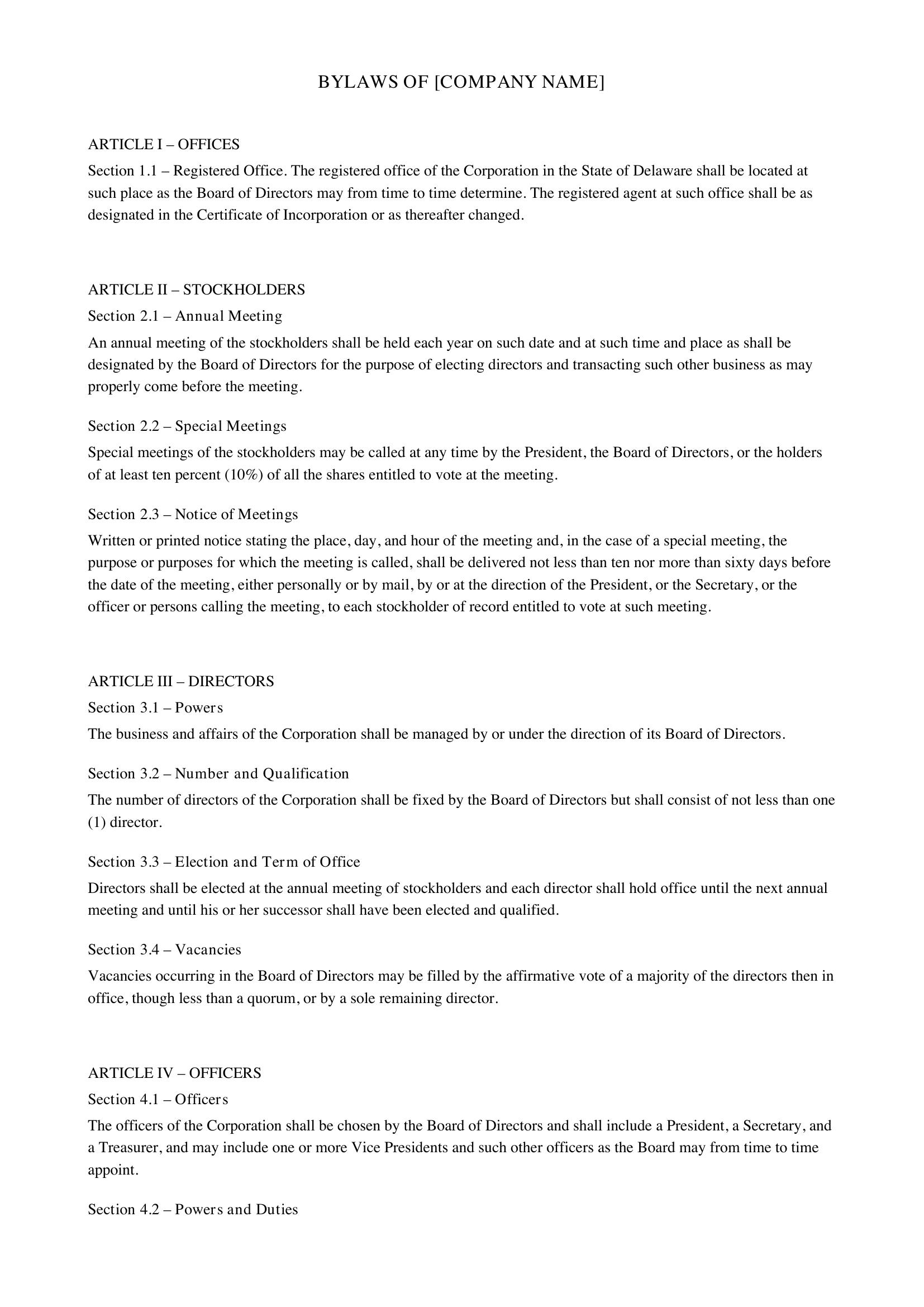 Delaware Bylaws Template