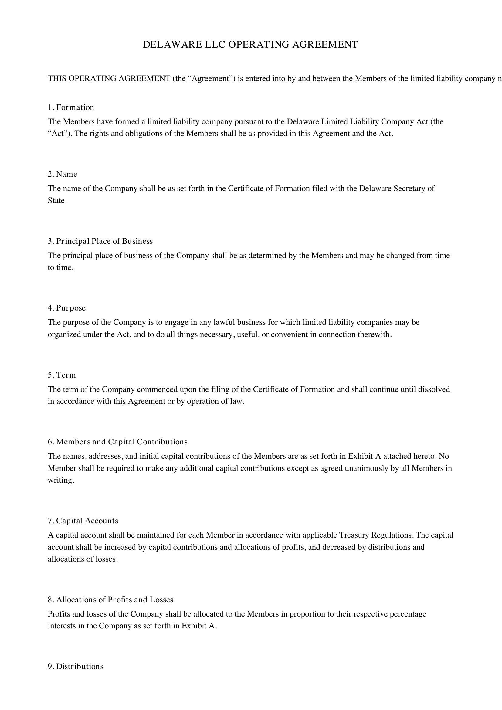 Delaware Llc Operating Agreement Template