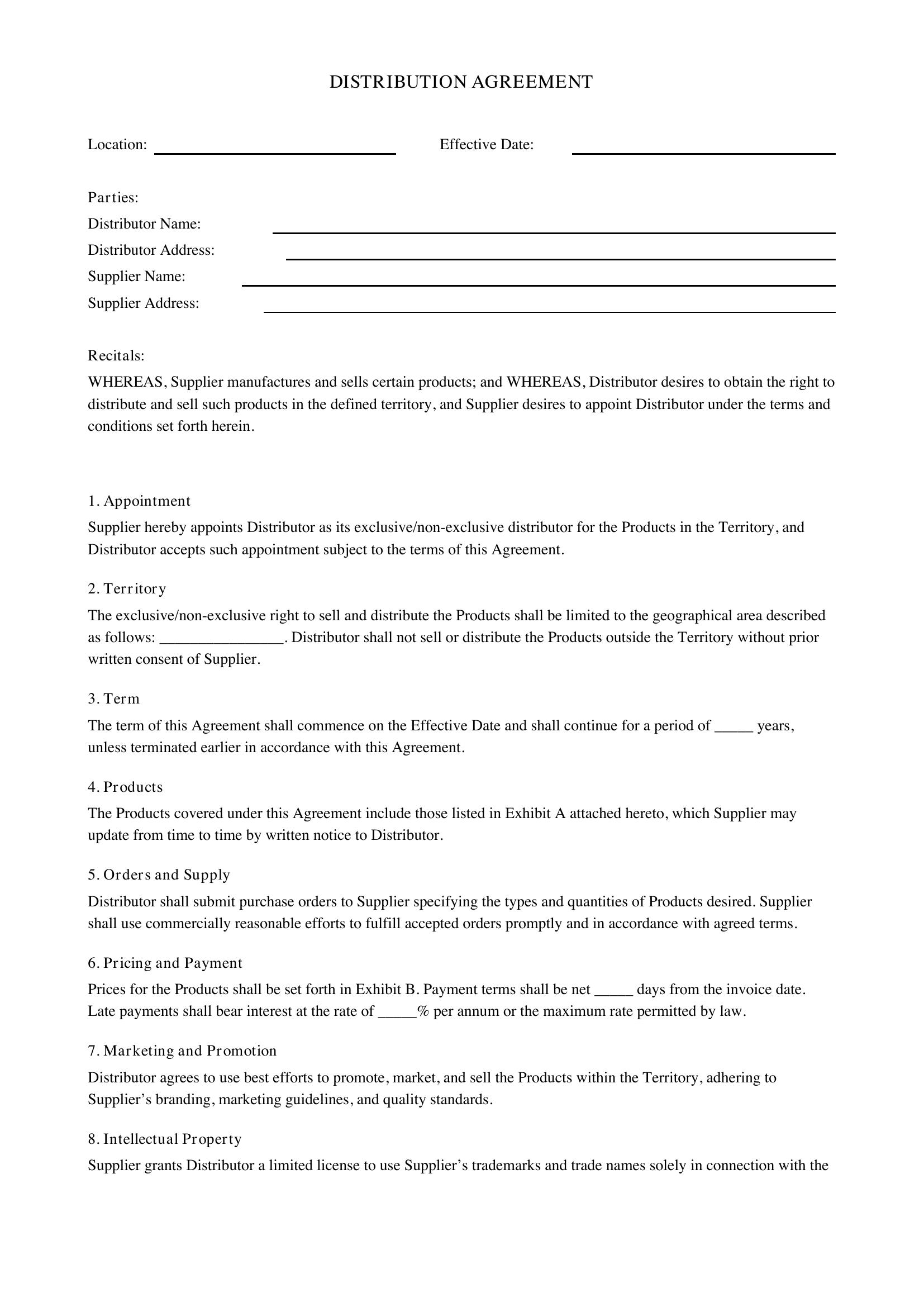 Distribution Agreement Template