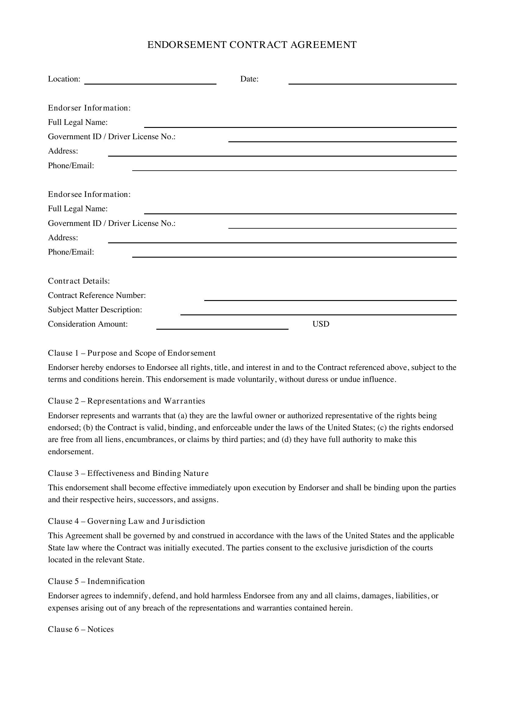 Endorsement Contract Template