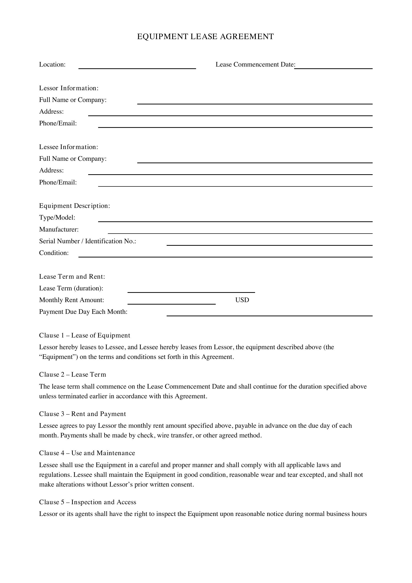 Equipment Lease Agreement Template
