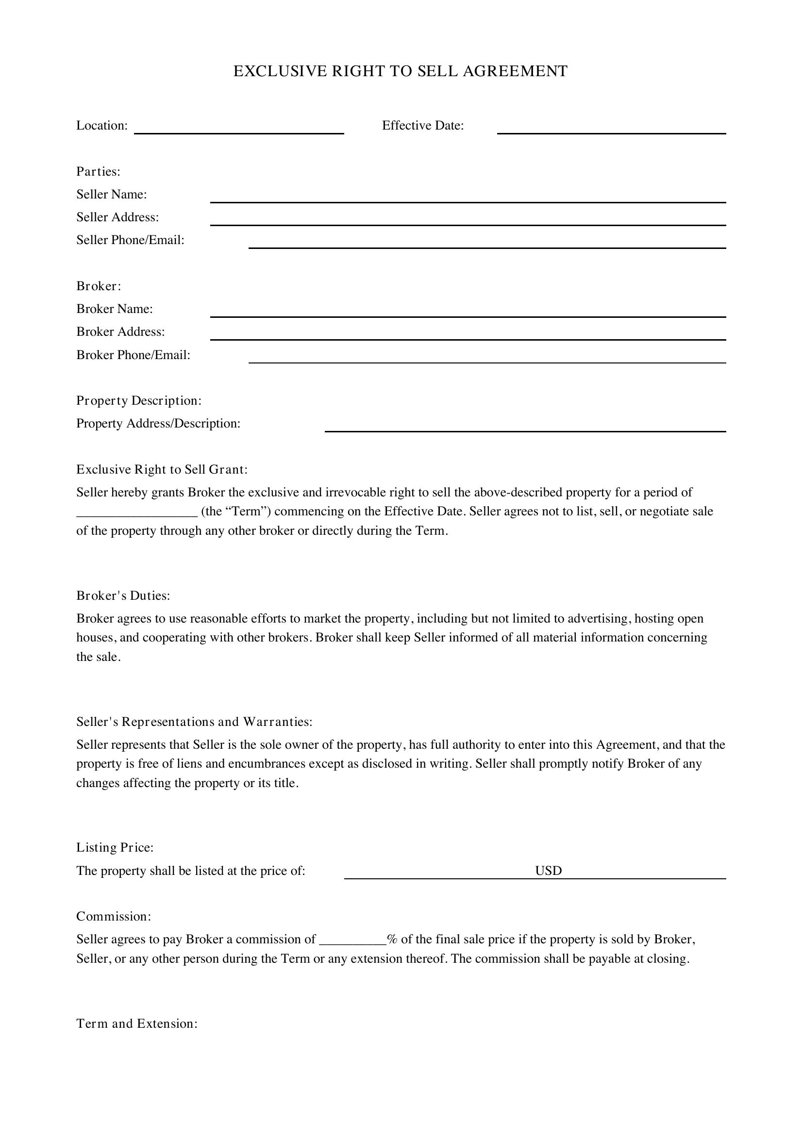 Exclusive Right To Sell Agreement Template