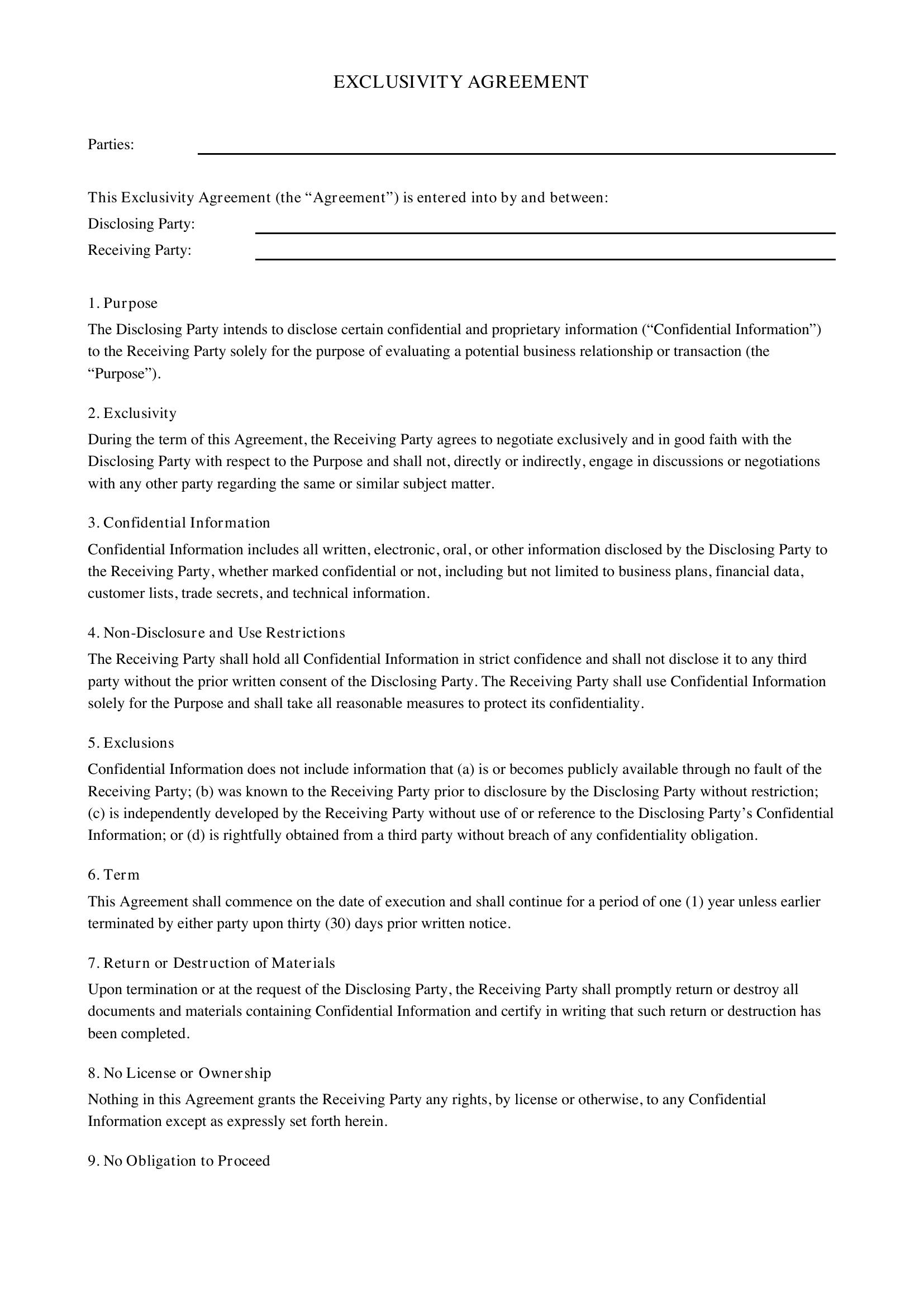 Exclusivity Agreement Template