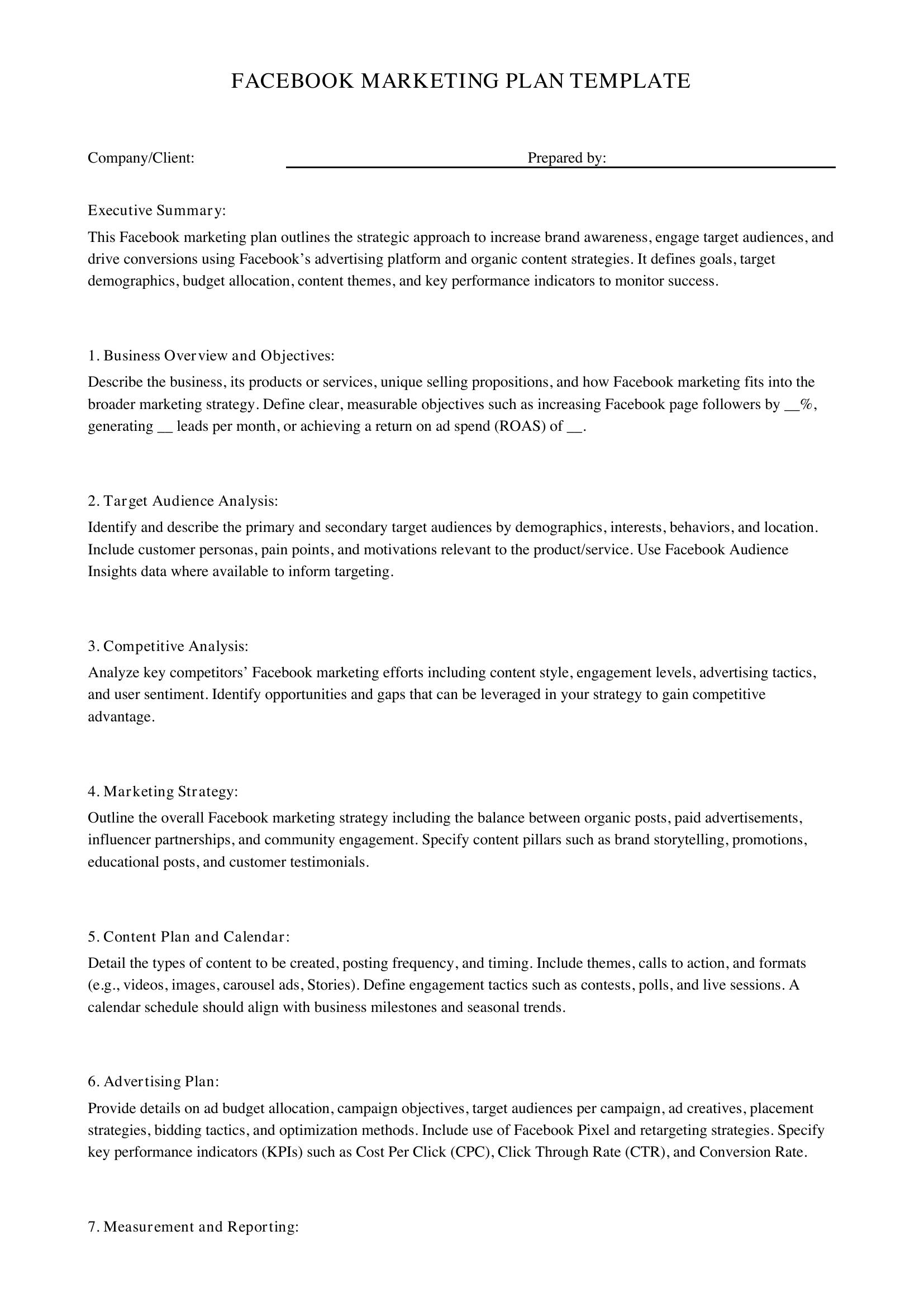 Facebook Marketing Plan Template