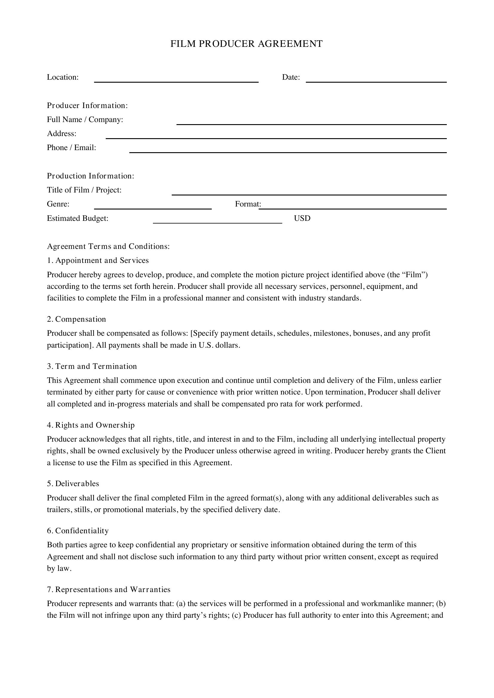 Film Producer Agreement Template
