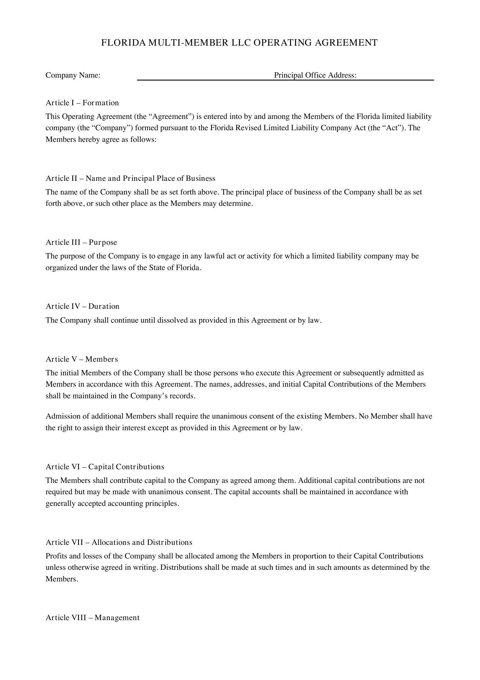 Florida Multi Member Llc Operating Agreement Template