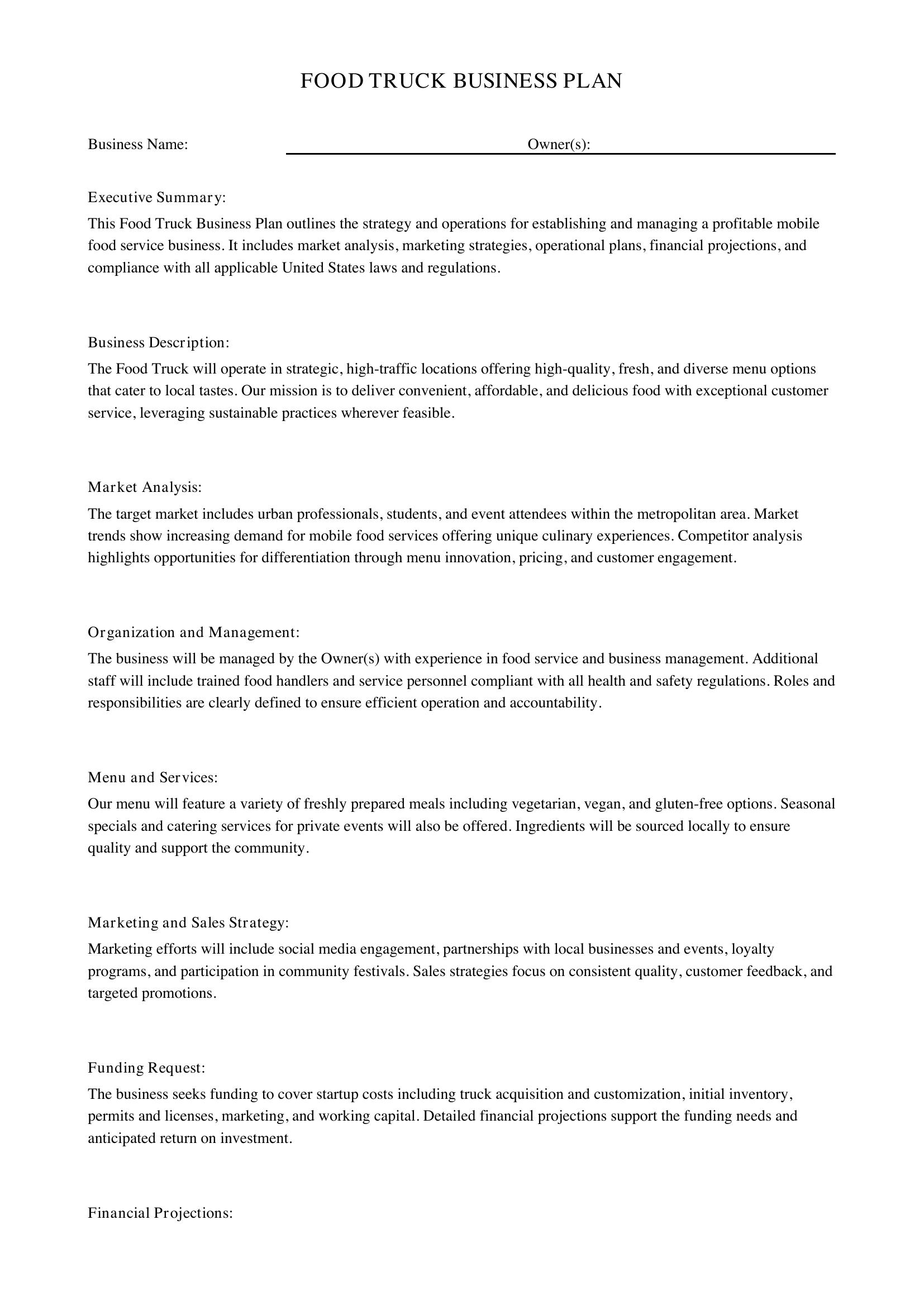 Food Truck Business Plan Template