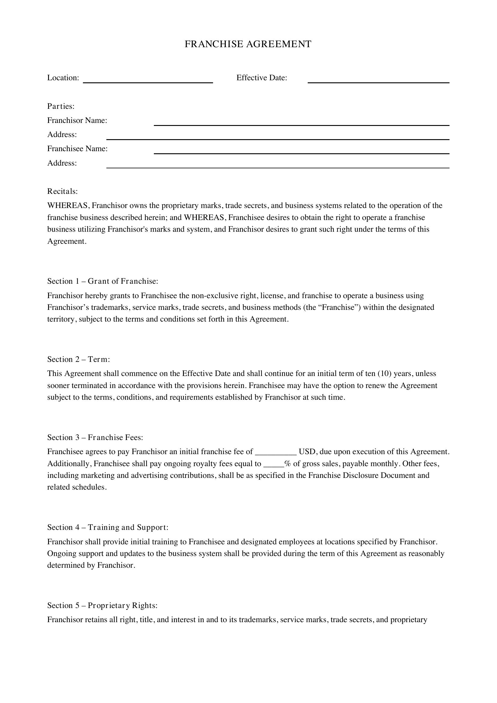 Franchise Agreement Template