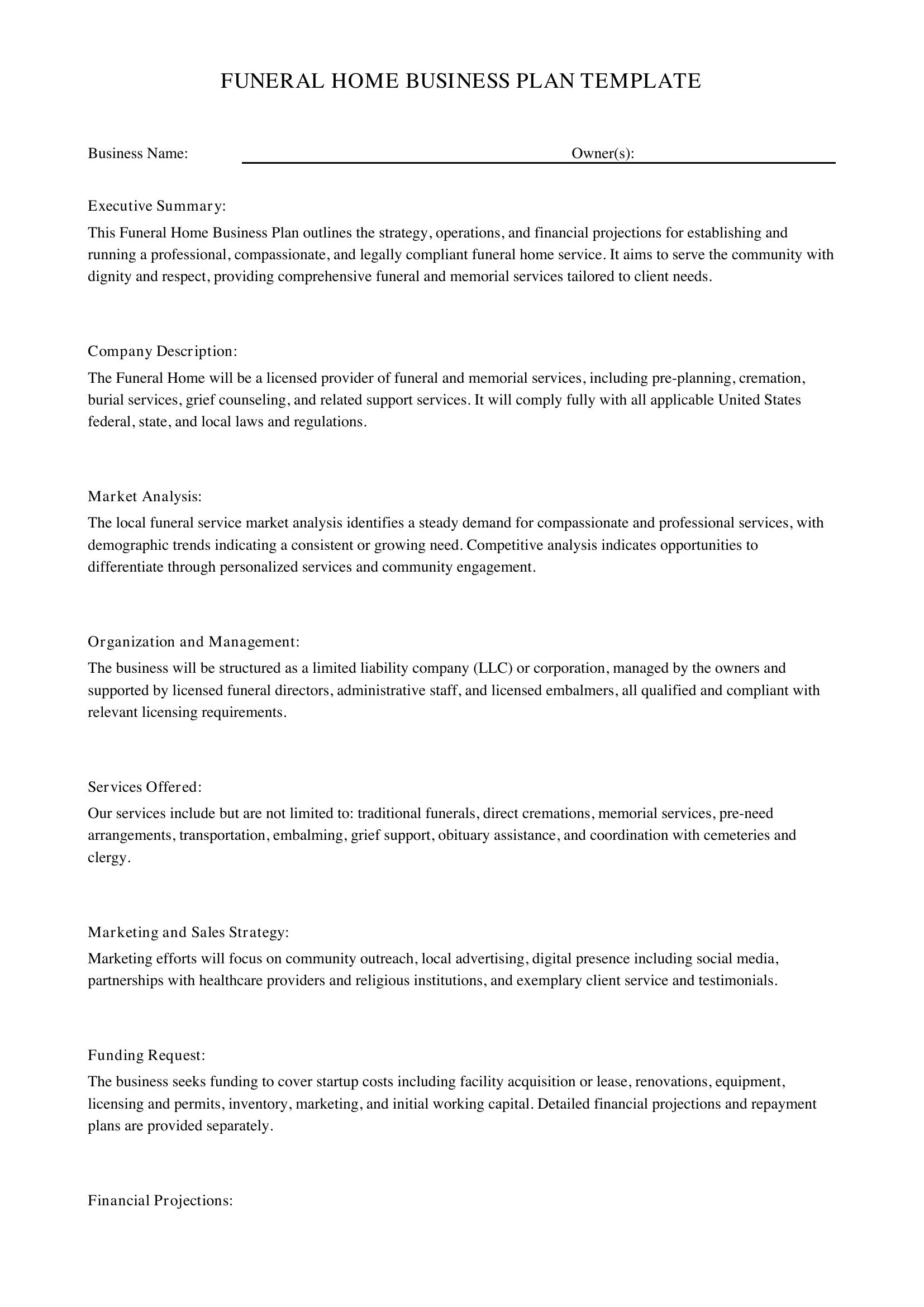 Funeral Home Business Plan Template