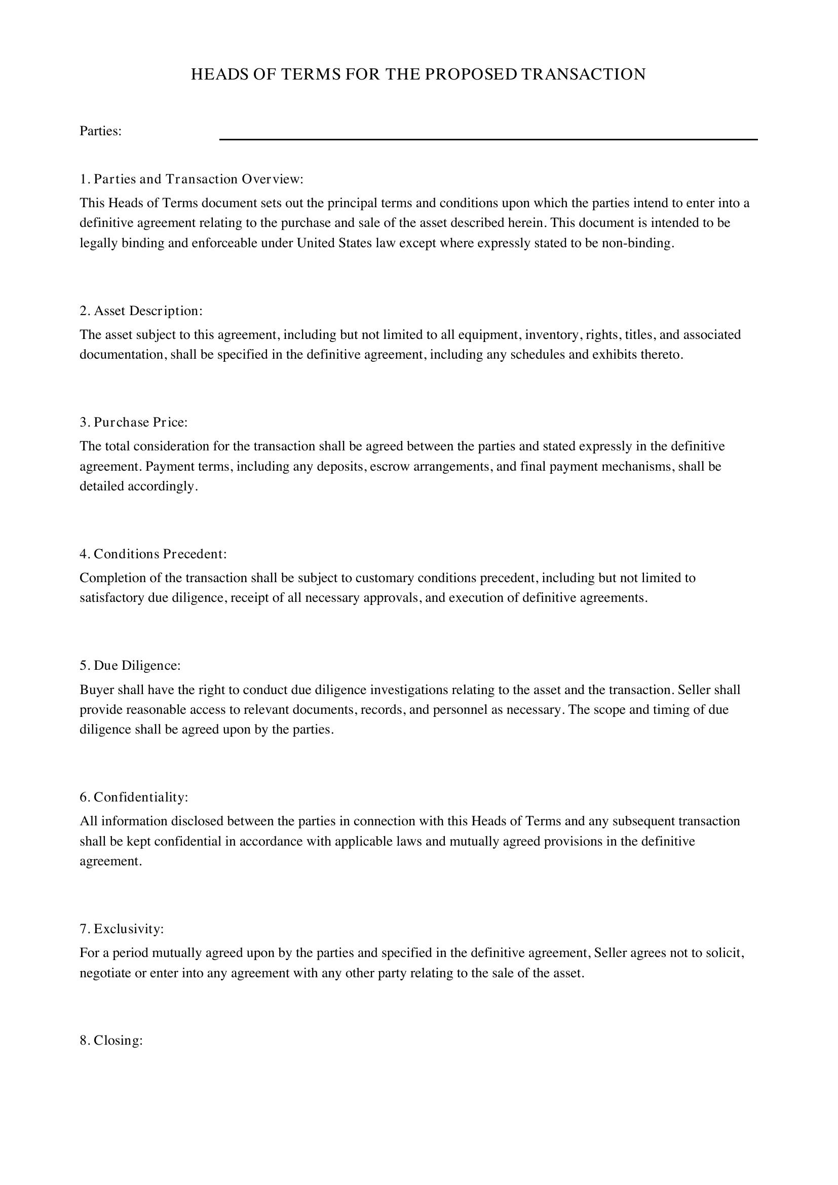 Heads Of Terms Template