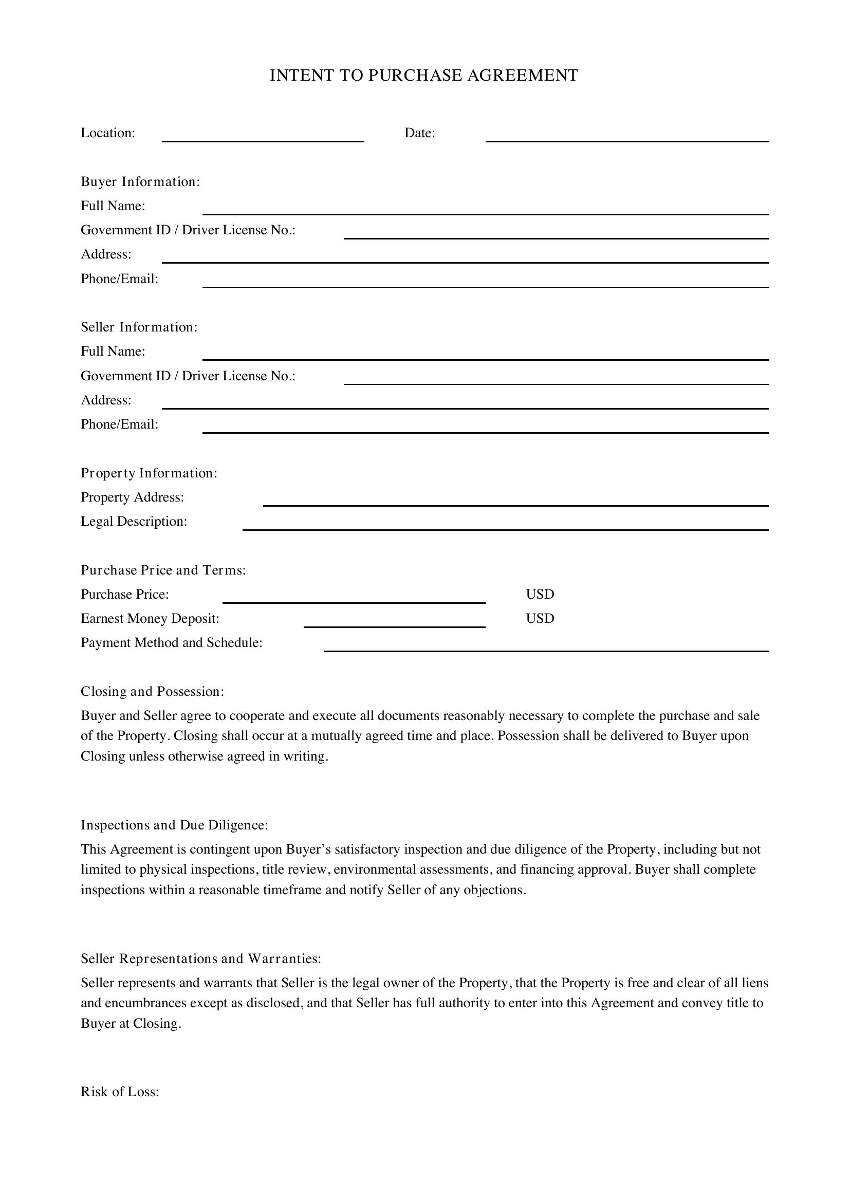 Intent To Purchase Agreement Template
