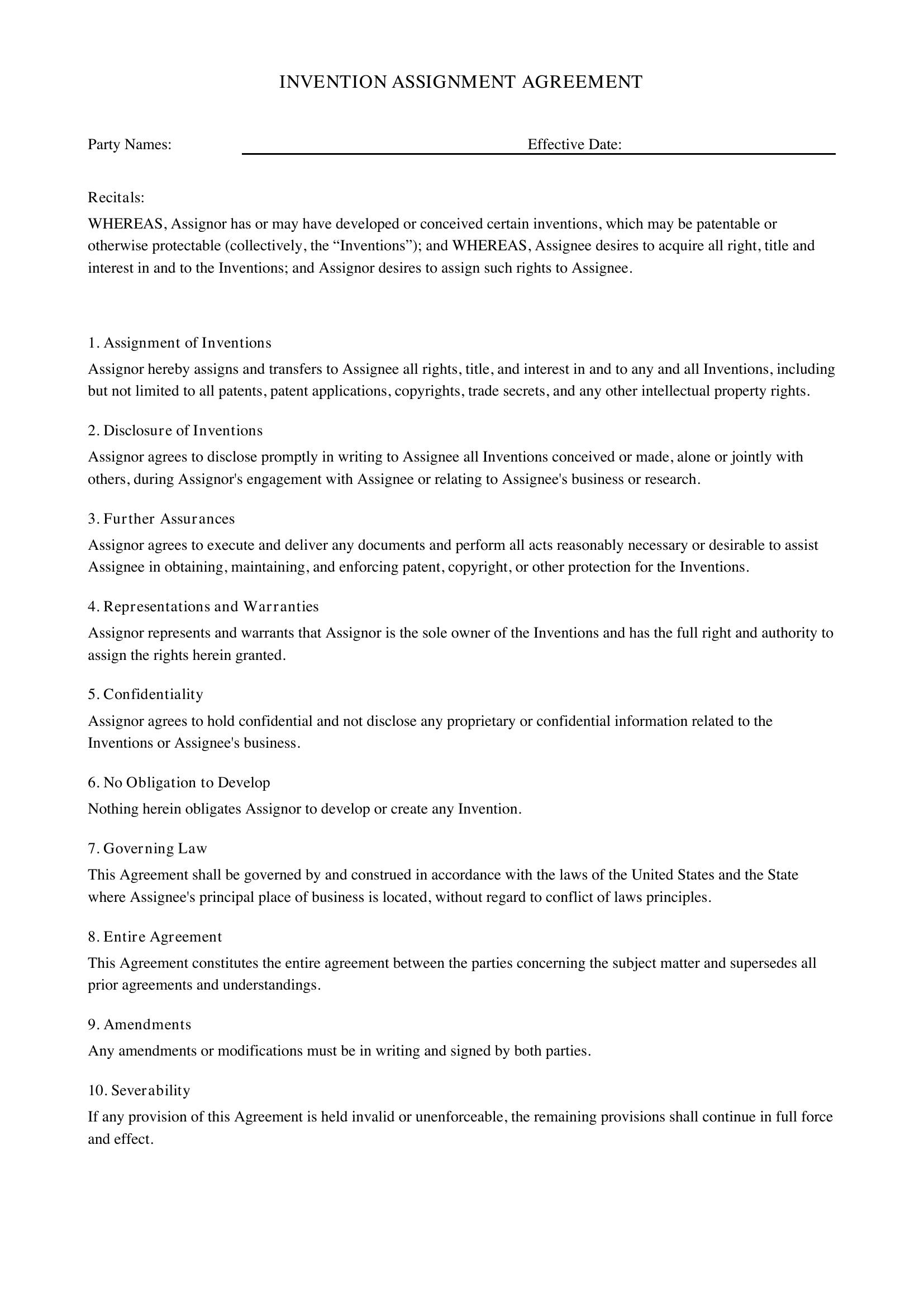 Invention Assignment Agreement Template