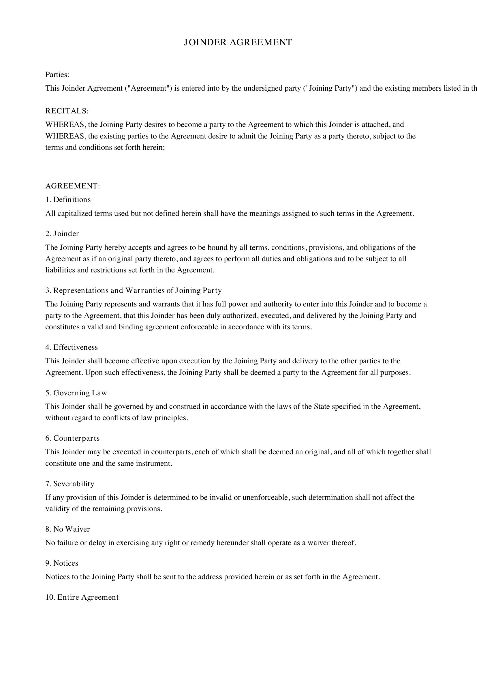 Joinder Agreement Template
